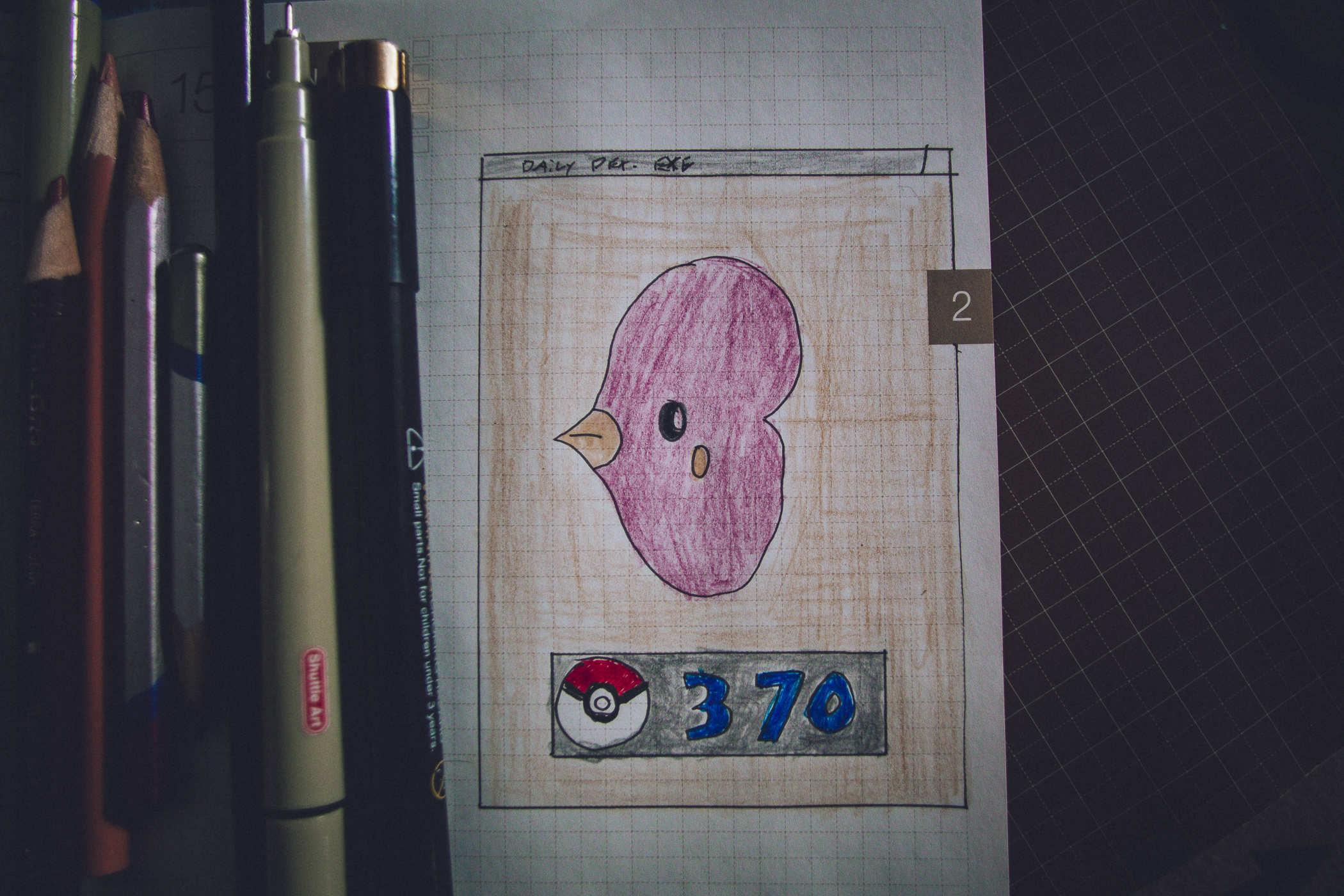 Drawing of pokemon 370, a sentient heart, or a fish shaped like a heart. Unclear