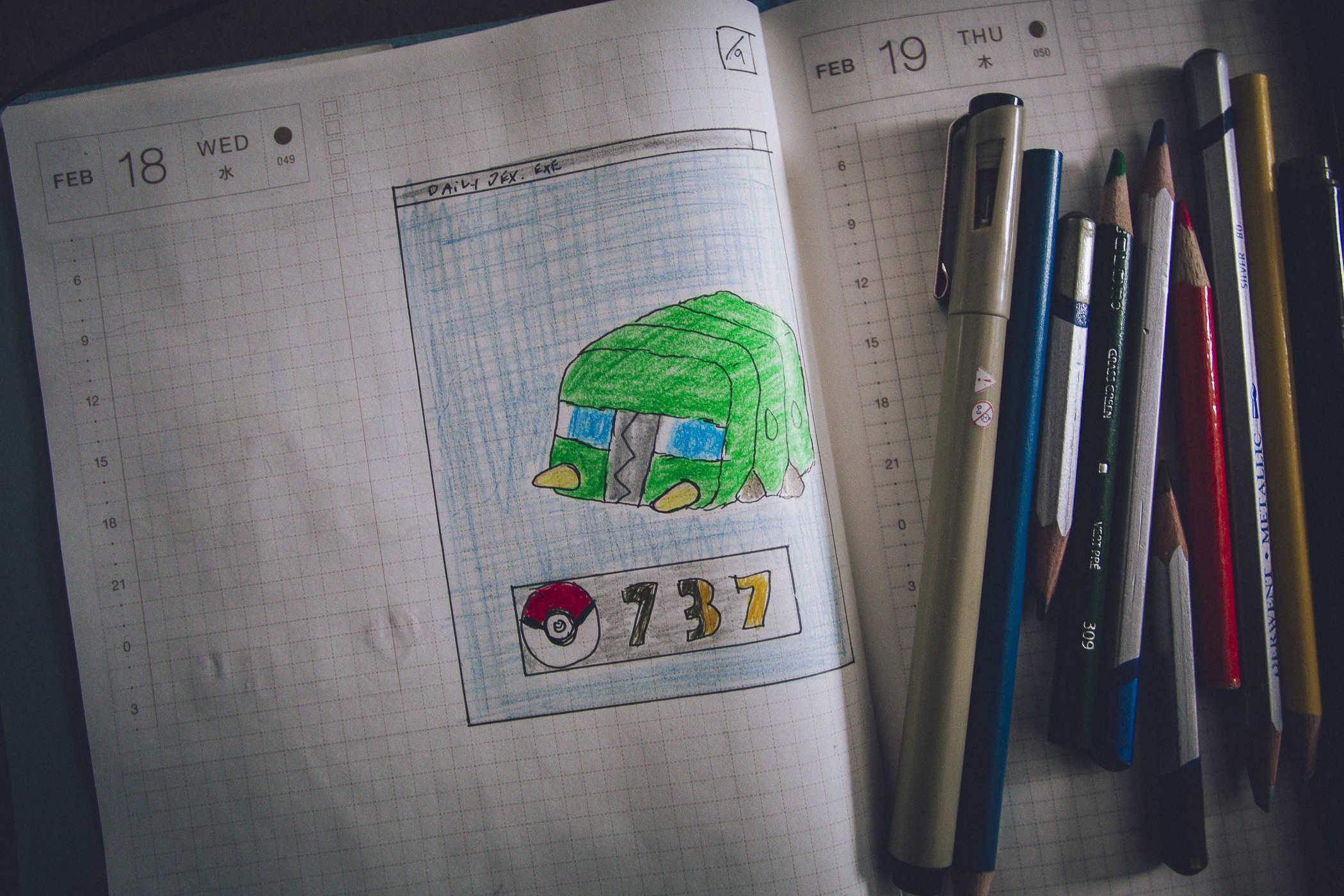 Drawing of pokemon 737; a small green bug that's very rectangular