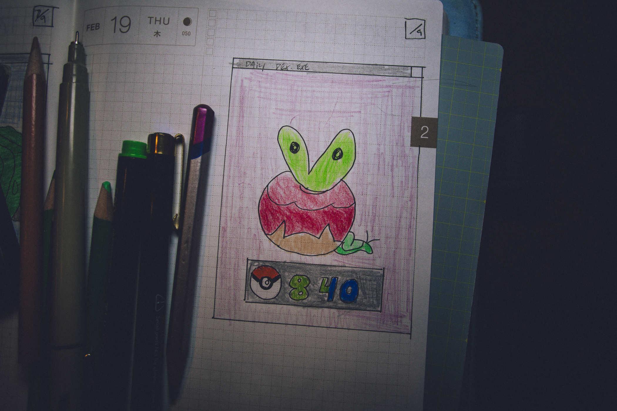 Drawing of pokemon 840; it's an apple with eyes on the leaves and a bug-looking tail