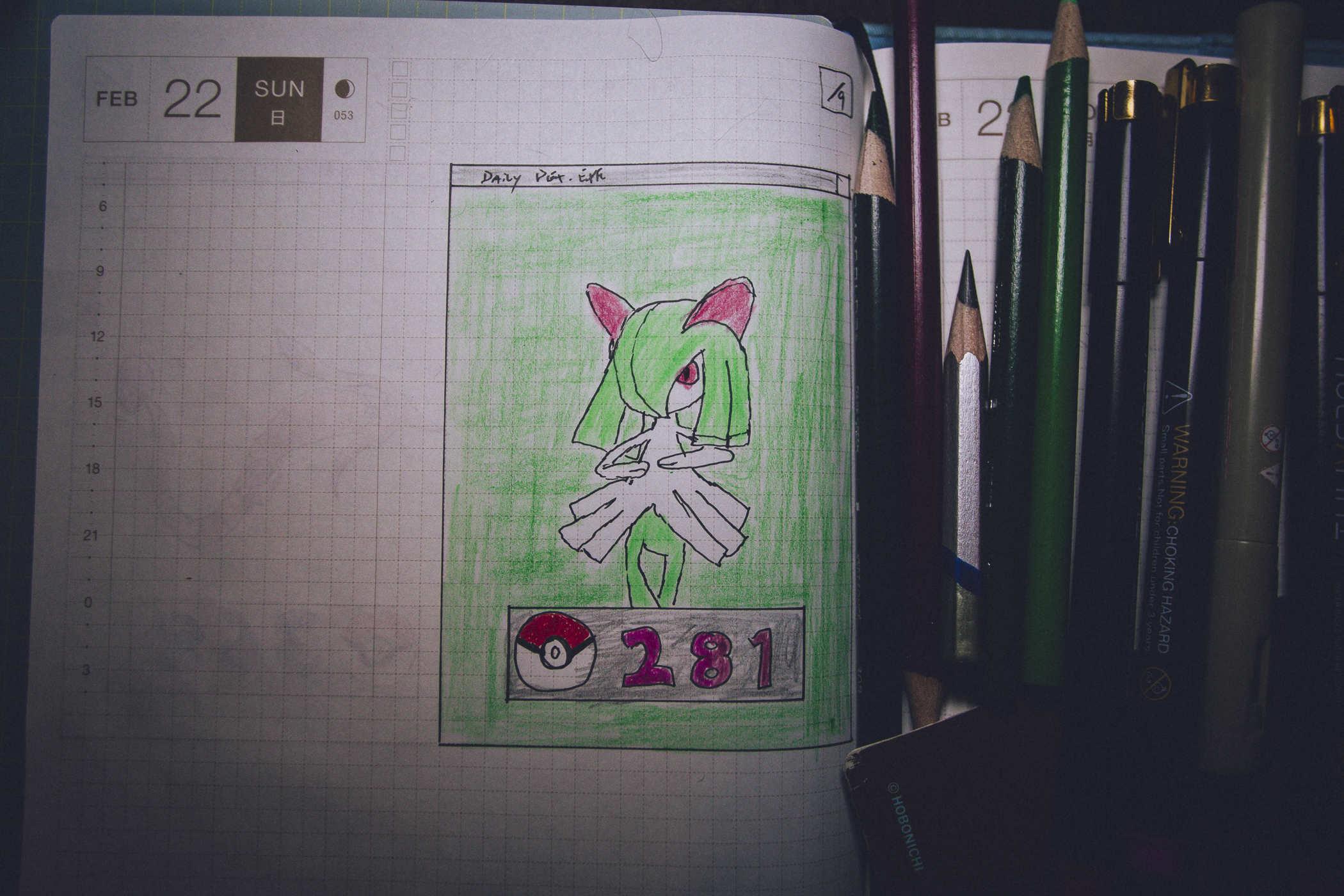Drawing of pokemon 281; a small ballerina like creature with green hair