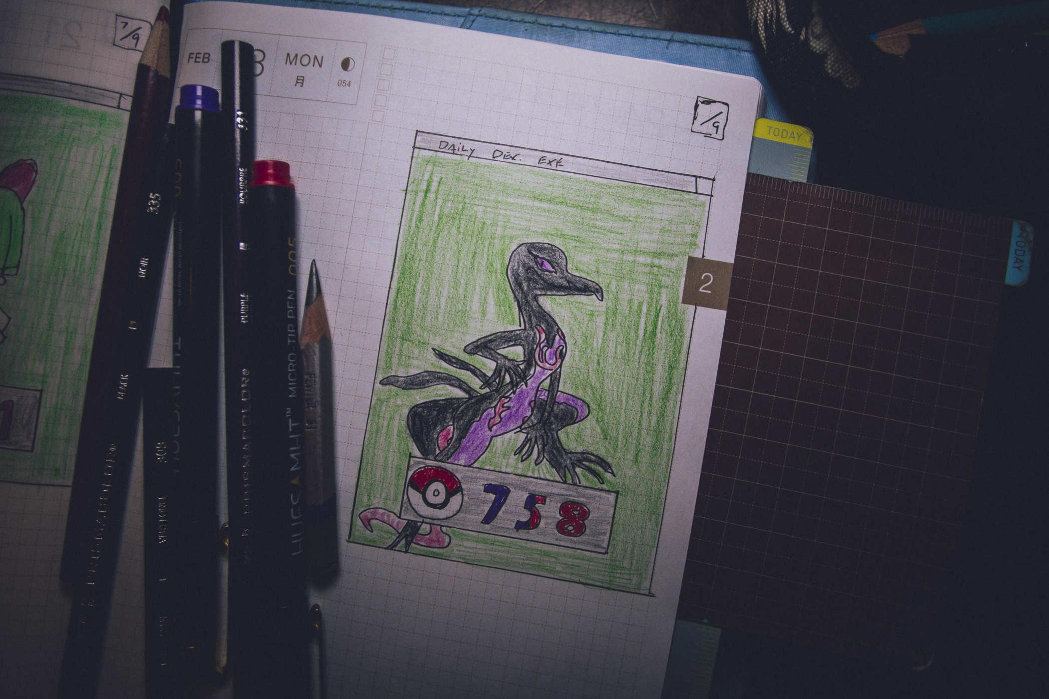 Drawing of pokemon 758; a highly femme presenting anthropomorphic reptile lady
