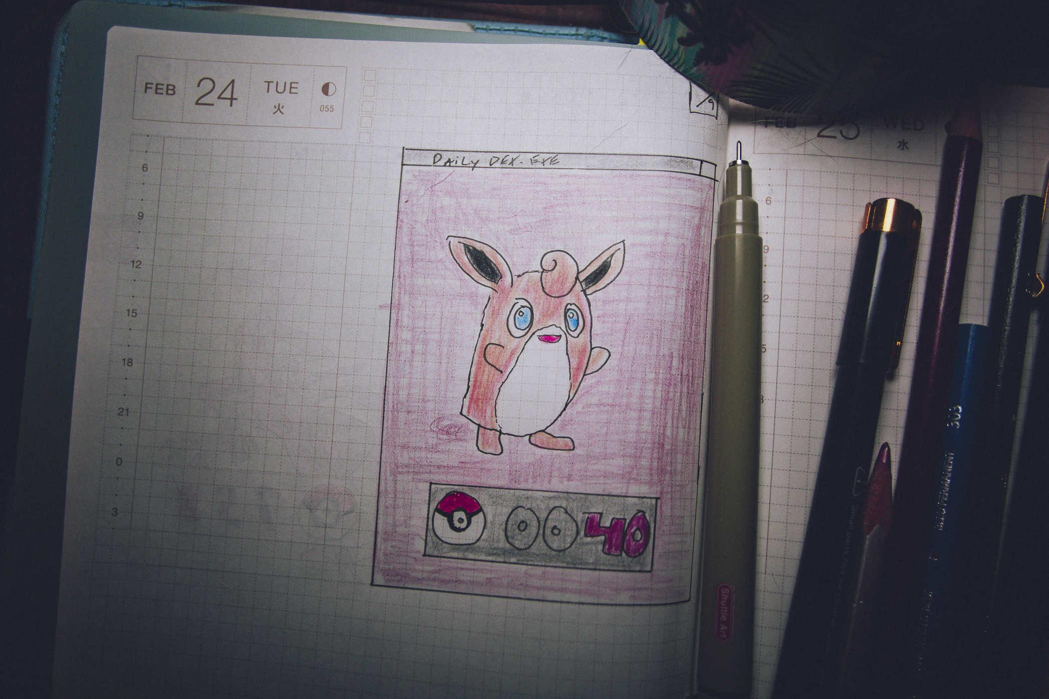 Drawing of pokemon 40; a pink weird faery creature