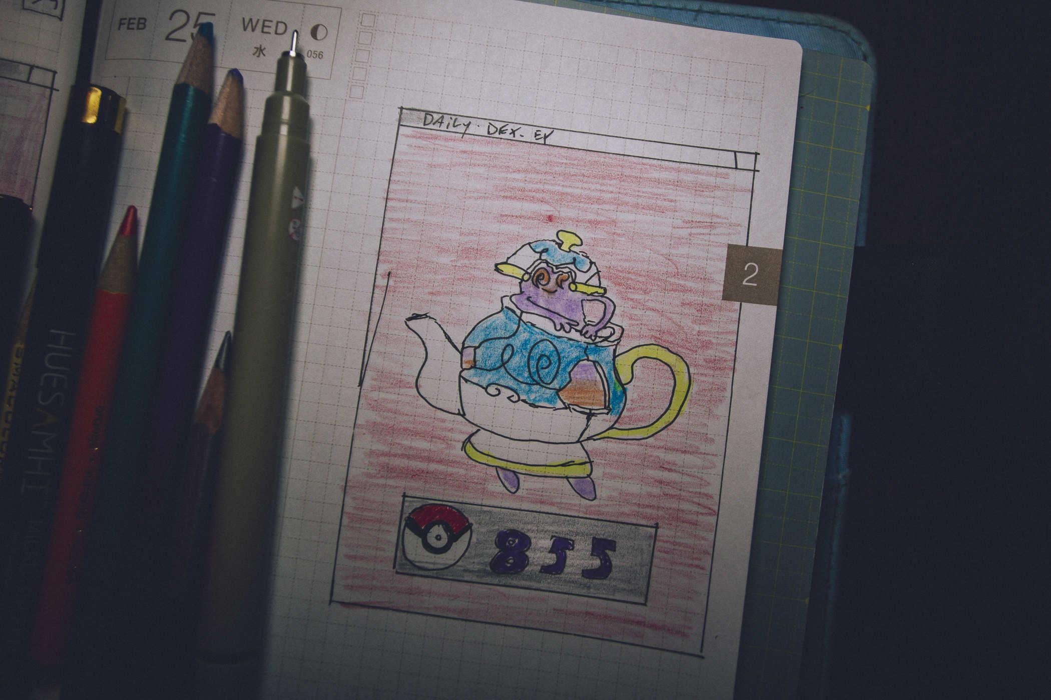 Drawing of pokemon 855; a slightly cracked fancy white, yellow and green teapot with a purple ghost living in it