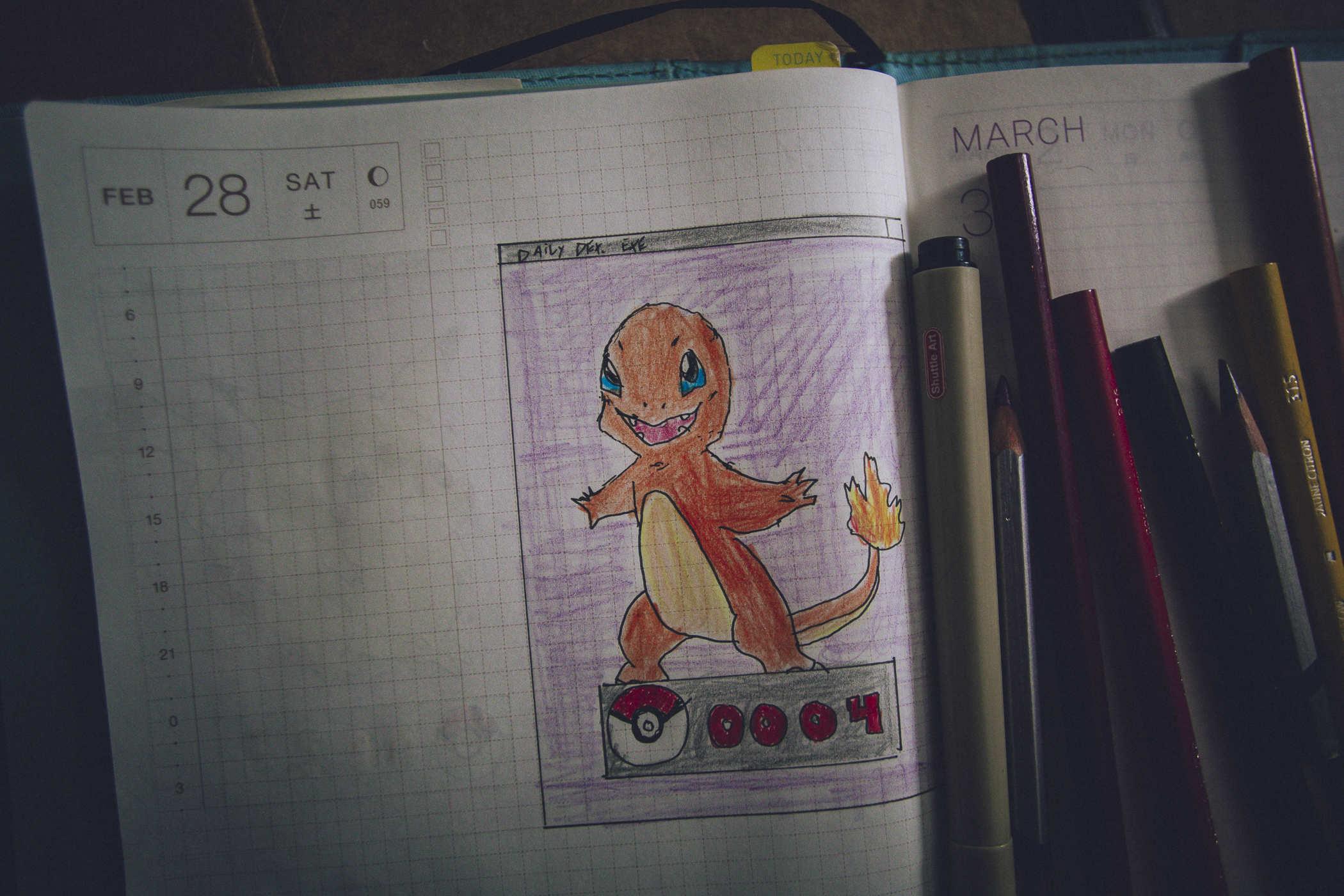Drawing of pokemon 4; a biped orange salamander with a fiery tail