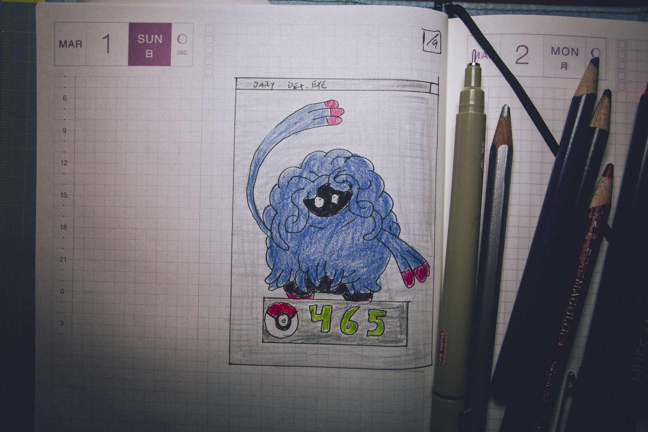 Drawing of pokemon 456; a large blueish blob of tangled vines, with a small hidden face with white eyes at the center