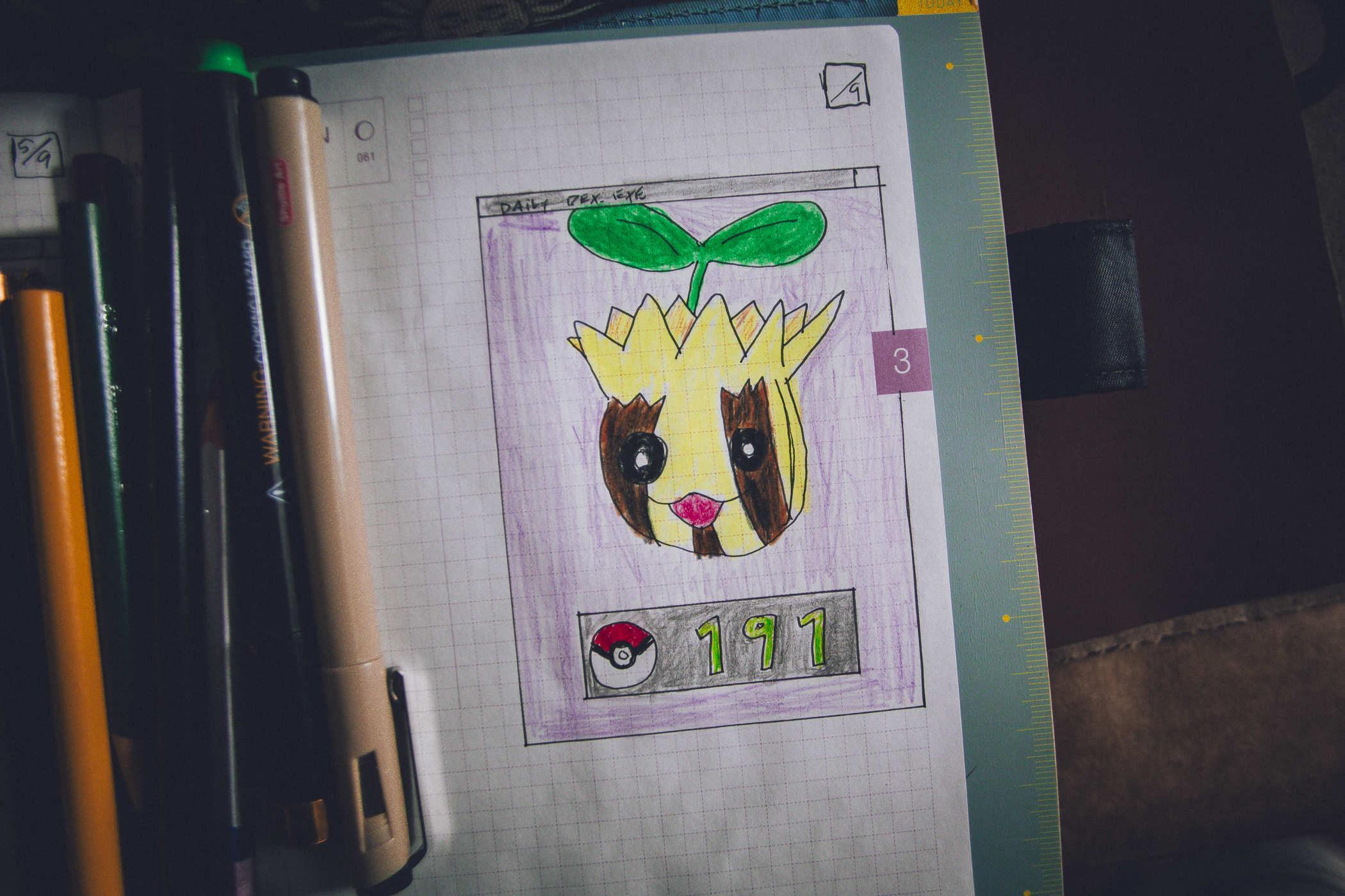 Drawing of pokemon 191; a pineapple-looking bulb with two large eyes and brown stripes down the yellow