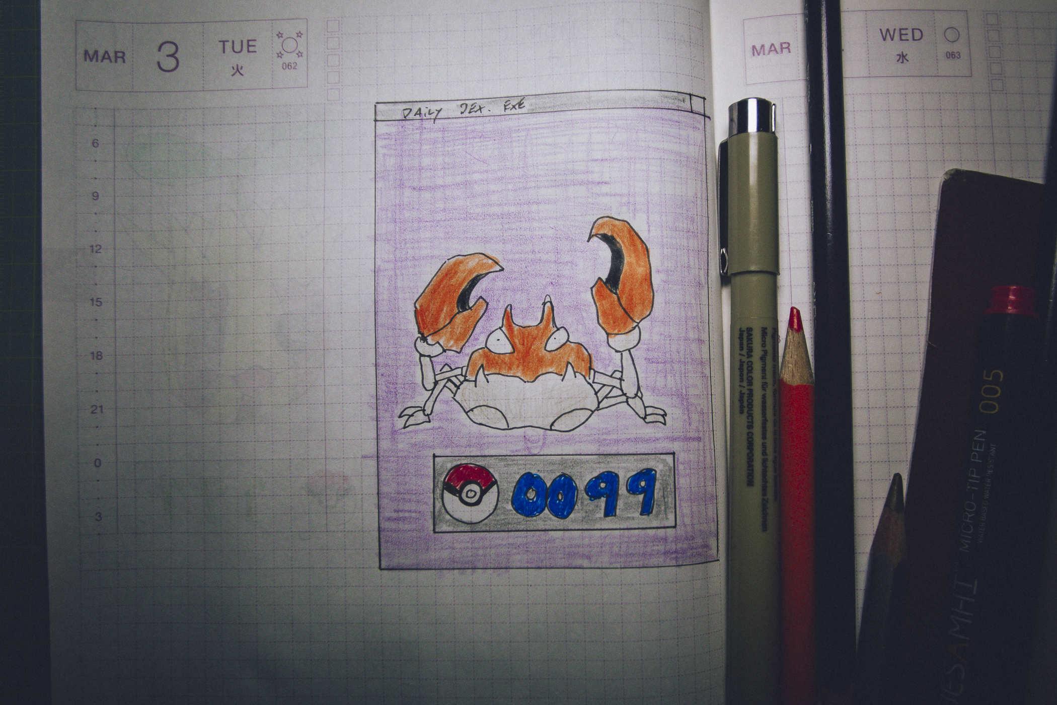 Drawing of pokemon 99; a large orange crab