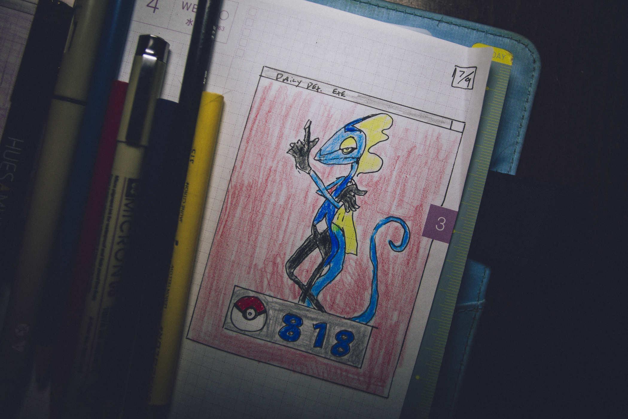 Drawing of pokemon 818, a biped thin lizard with a cape and holding its hand like a gun 