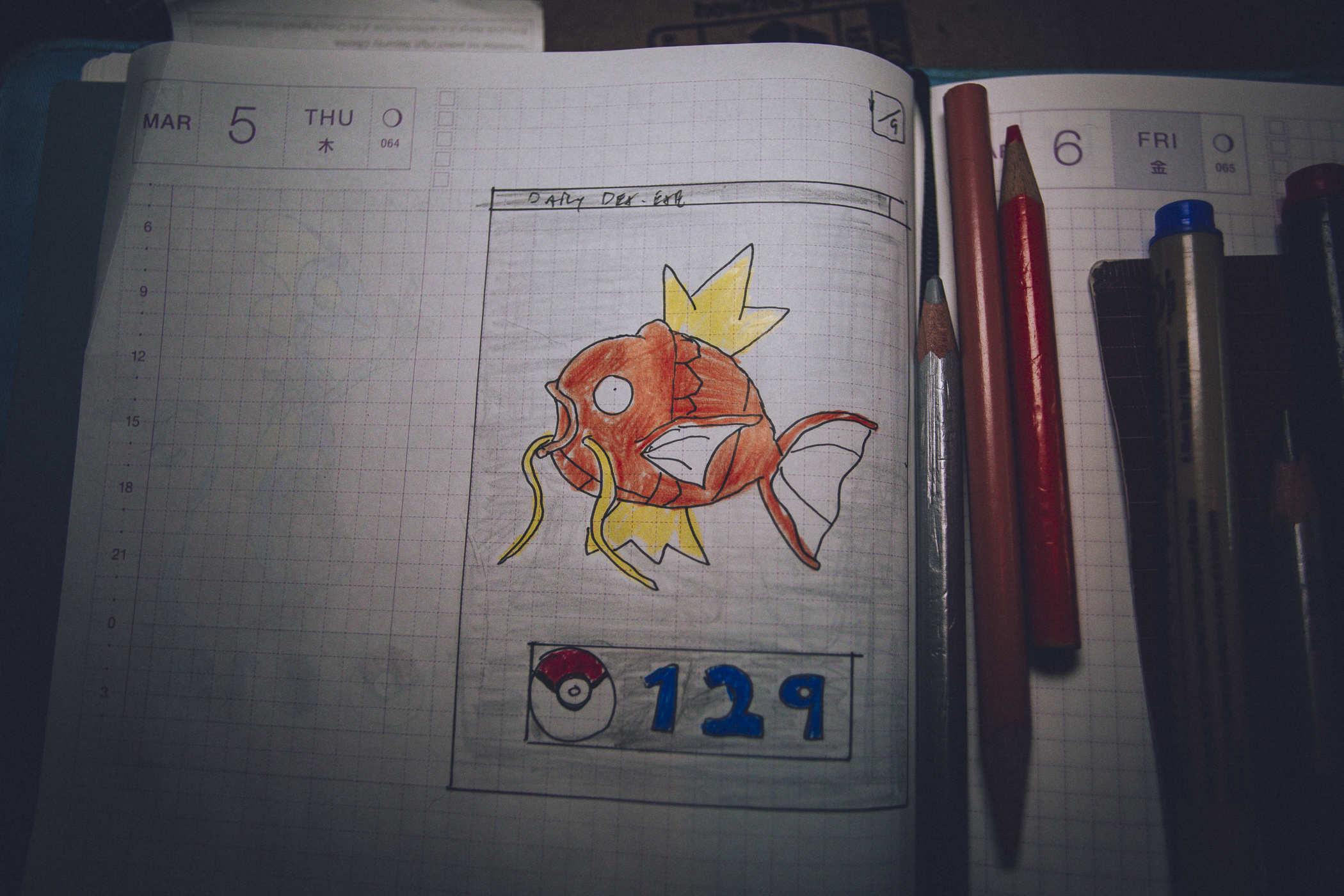 Drawing of pokemon 129, a goofy looking goldfish
