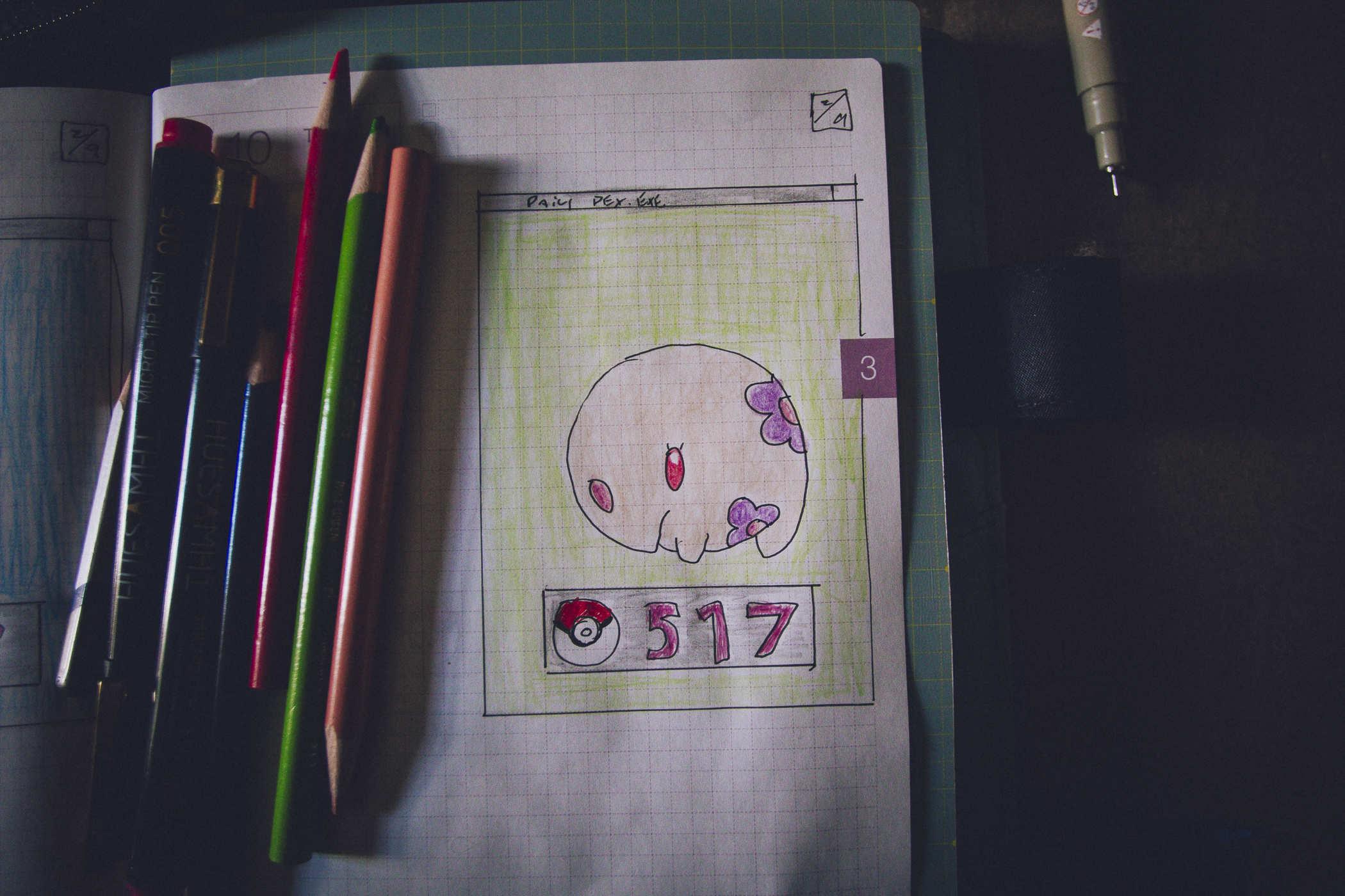 Drawing of pokemon 517; a small purpleish elephant like creature with a smaller nose