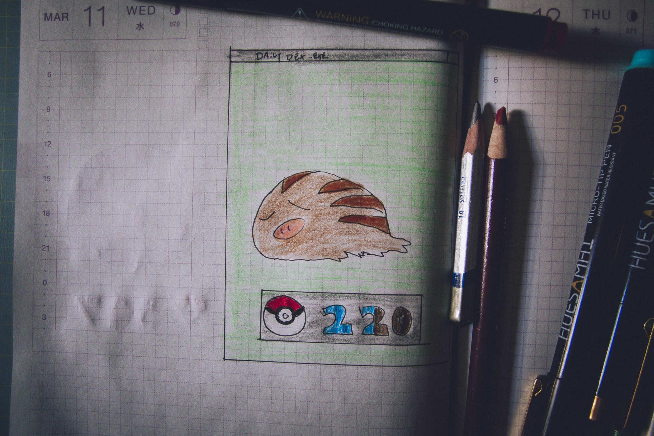 Drawing of pokemon 220; a small brown pig-like creature crossed with a sloth