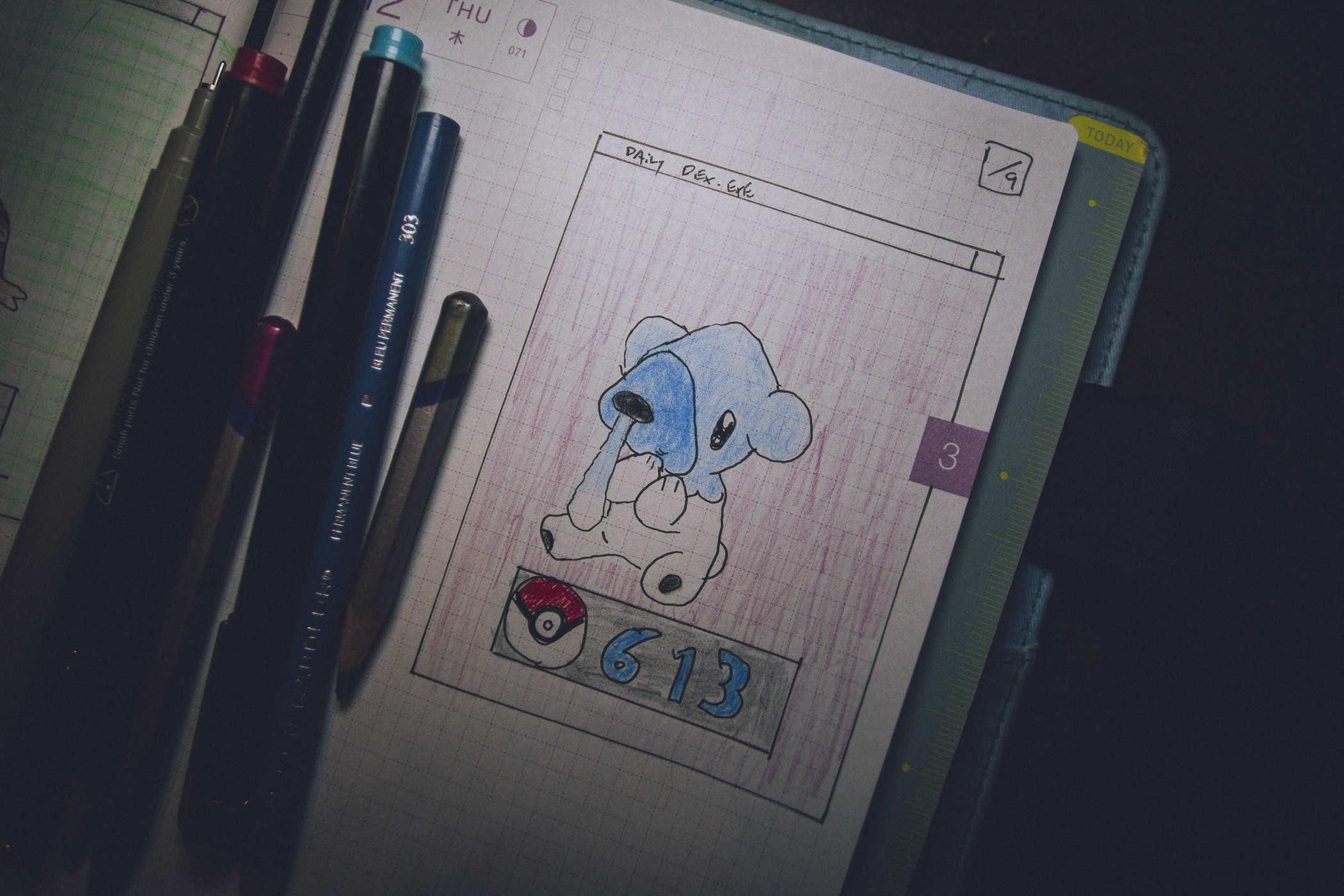Drawing of pokemon 613; a small teddy bear looking thing with a long blue snot drop coming out of its mouth