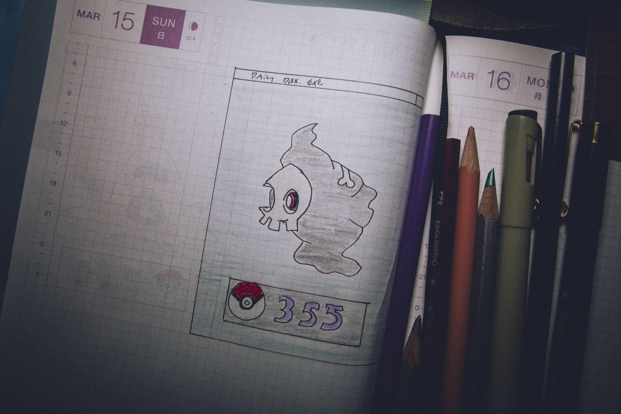 Drawing of pokemon 355; a skull with smokey ghost material coming out of it