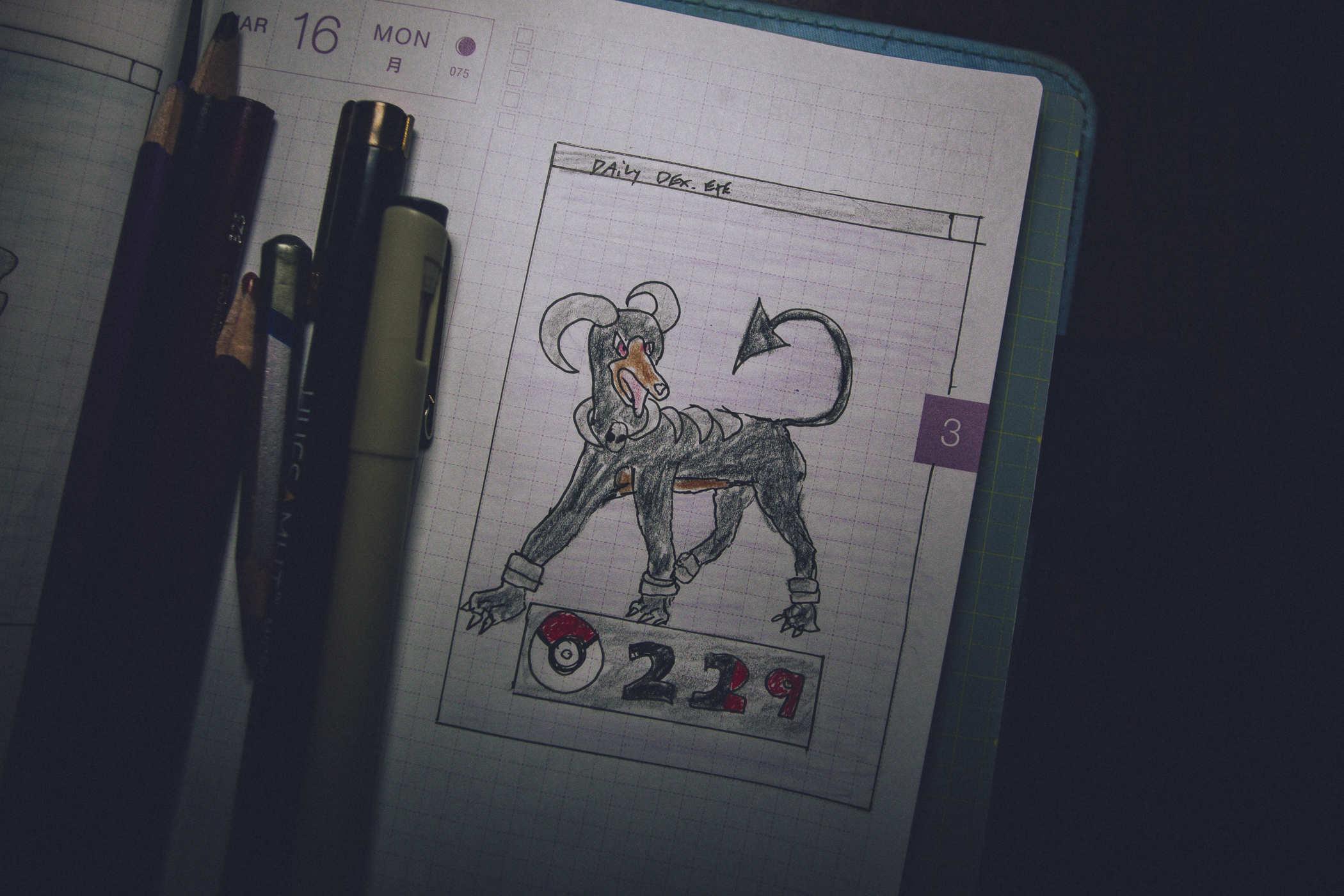Drawing of pokemon 229; a large black dog with ram horns