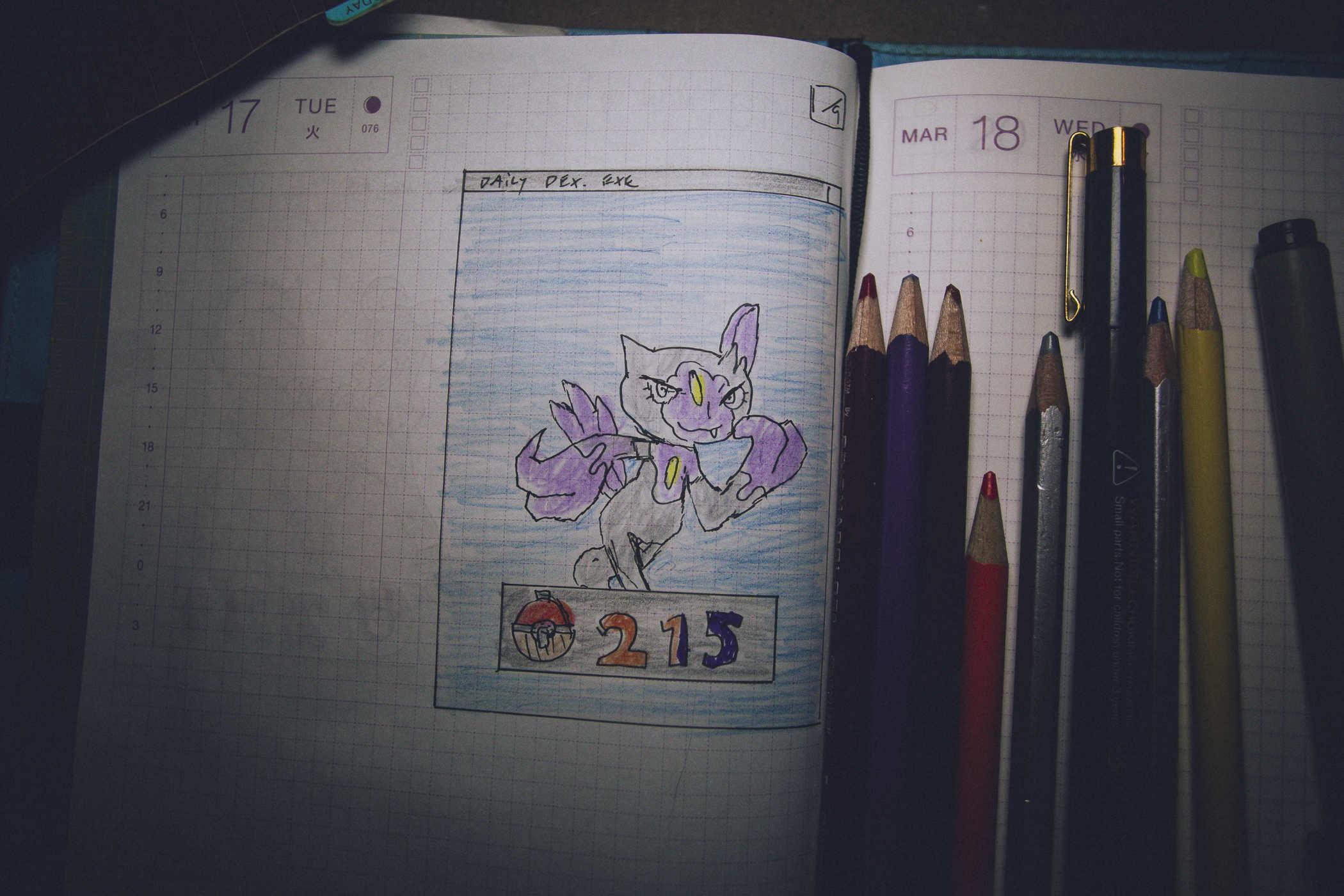Drawing of pokemon 215; the female hisuian variant is like a grey and purple biped creature with large, clawed hands