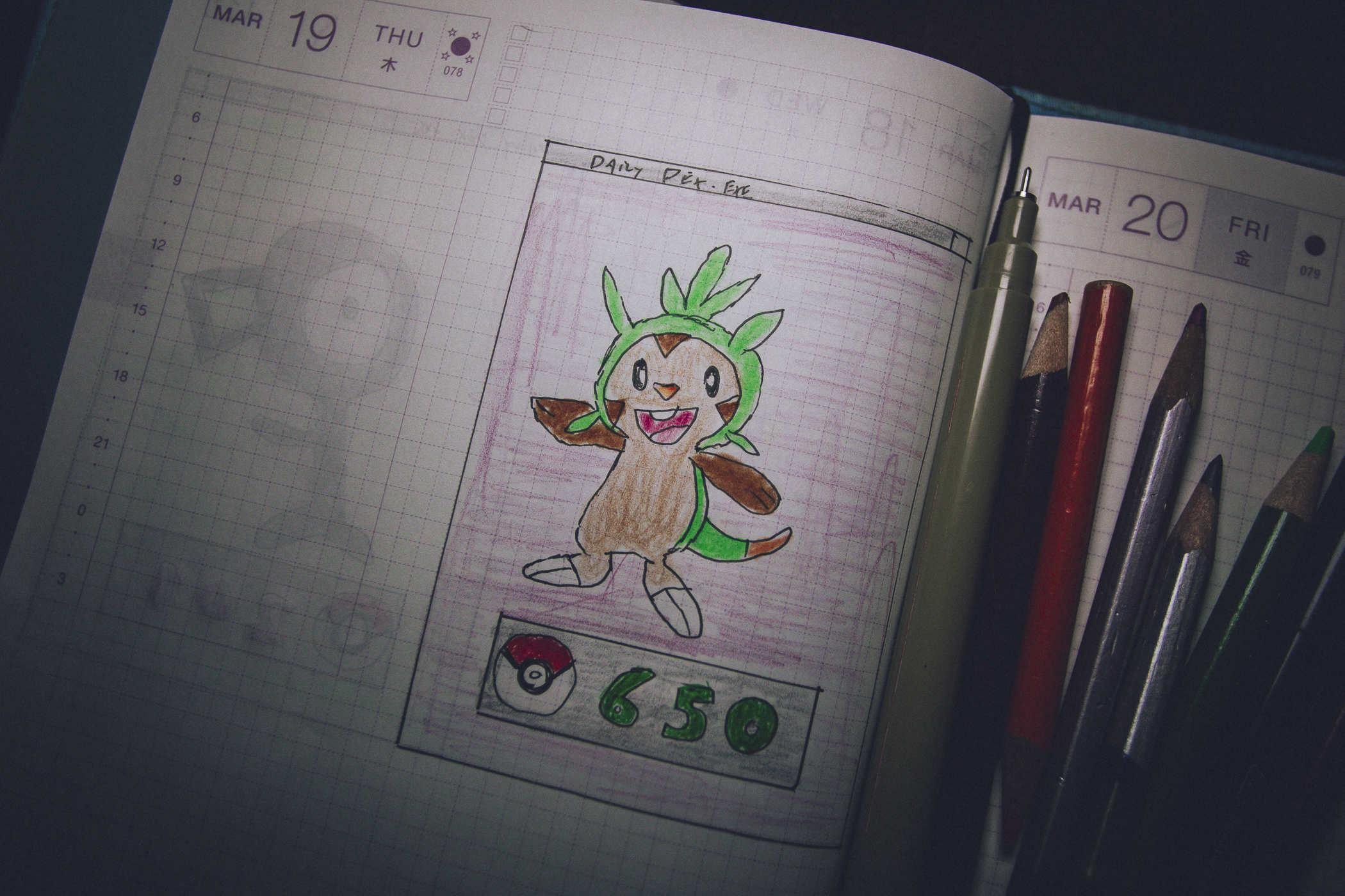Drawing of pokemon 650, a small beaver-like creature with green foliage growing on it