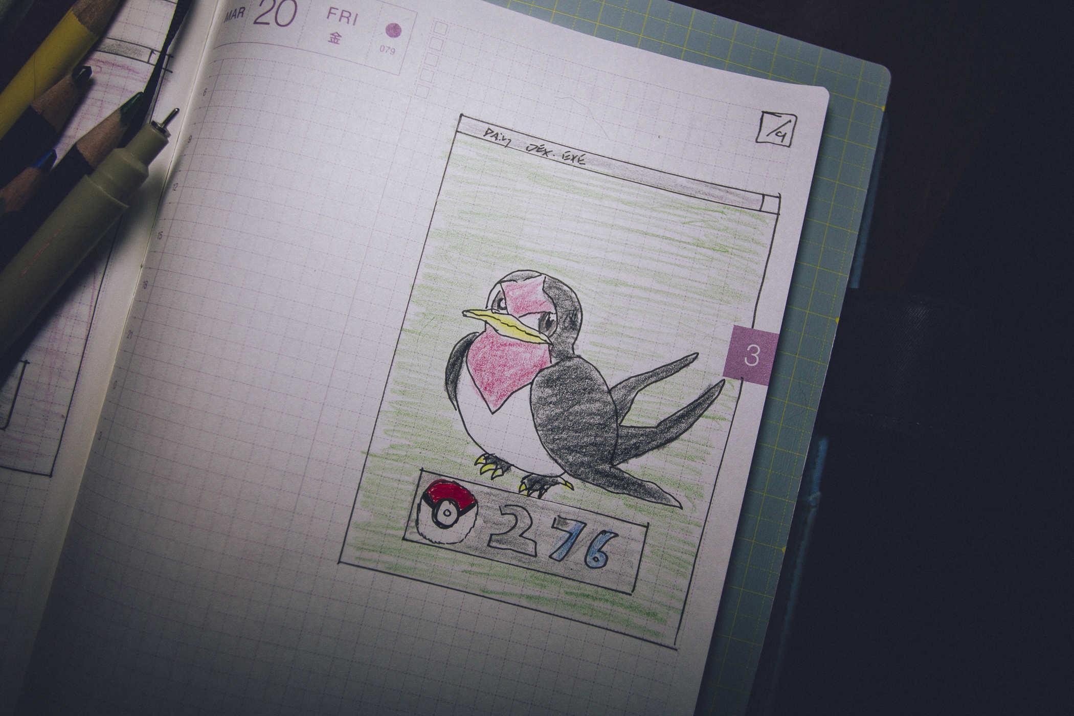 Drawing of pokemon 276; a sparrow looking bird with a grey coat and red markings on its chest