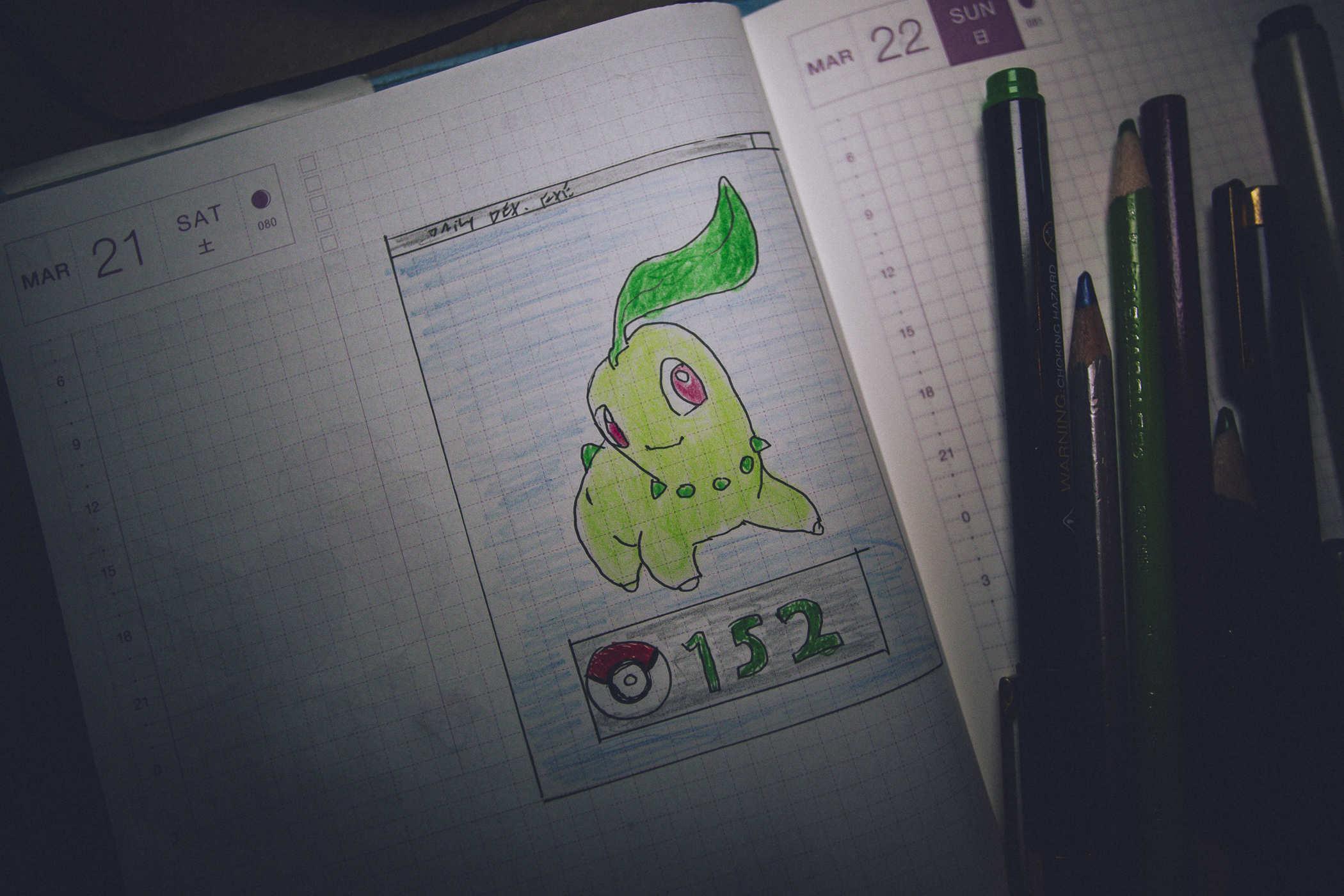 Drawing of pokemon 152; a small green quadrumped dinosaur with a leaf growing out of its head
