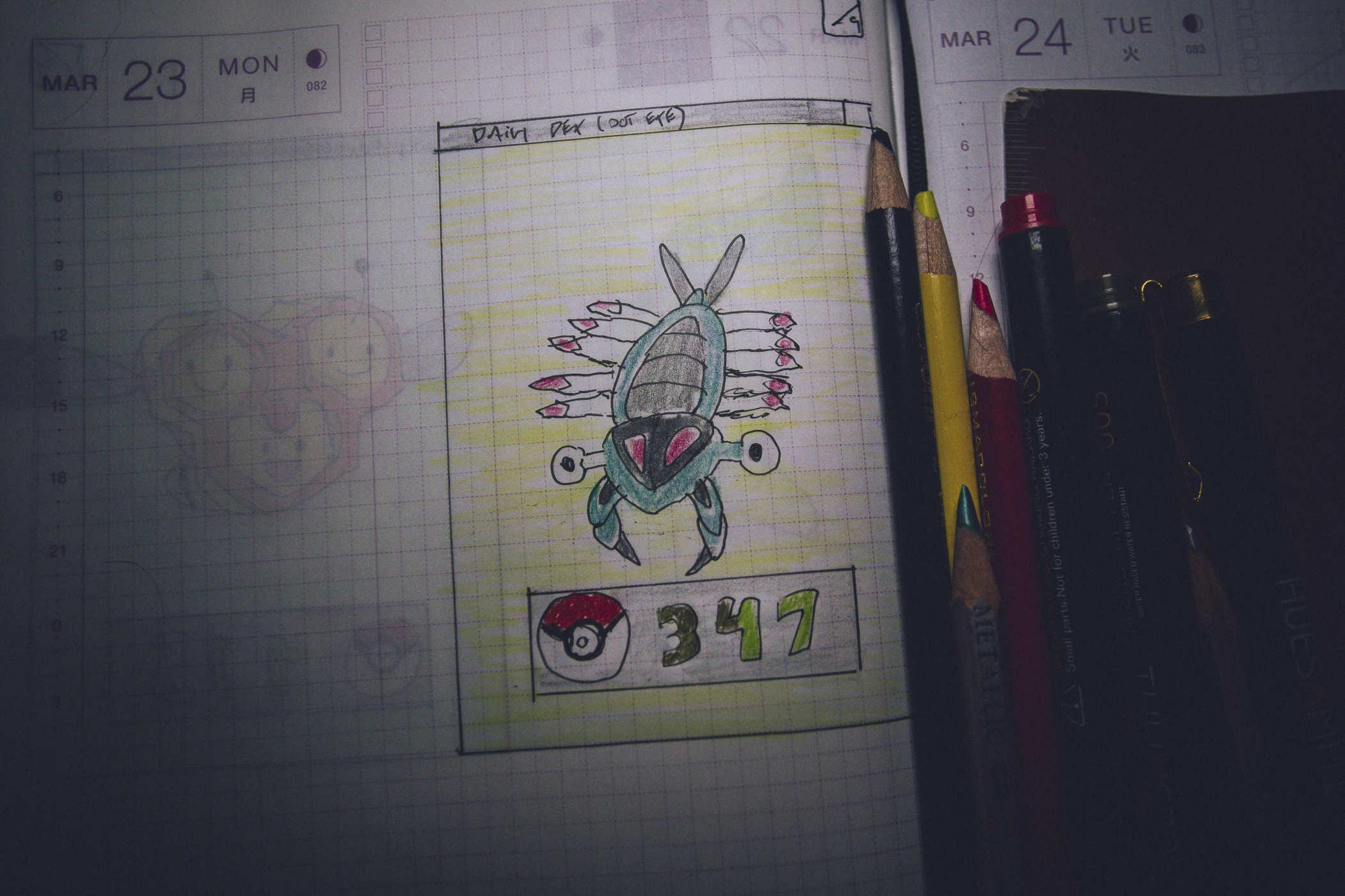 Drawing of pokemon 347; a googly=eyed shrimp