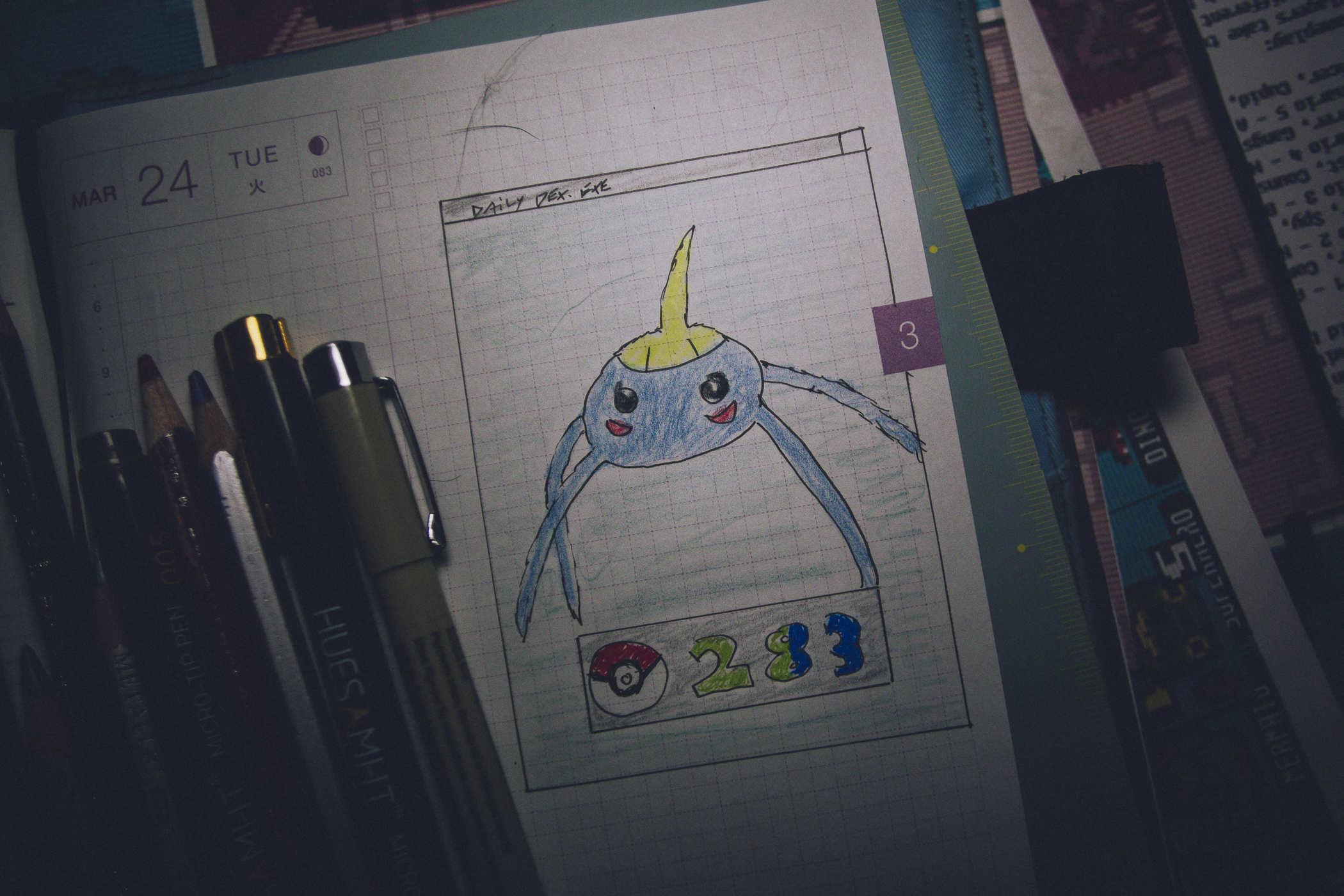Drawing of pokemon 283; a blue 4 legged crab spider thing