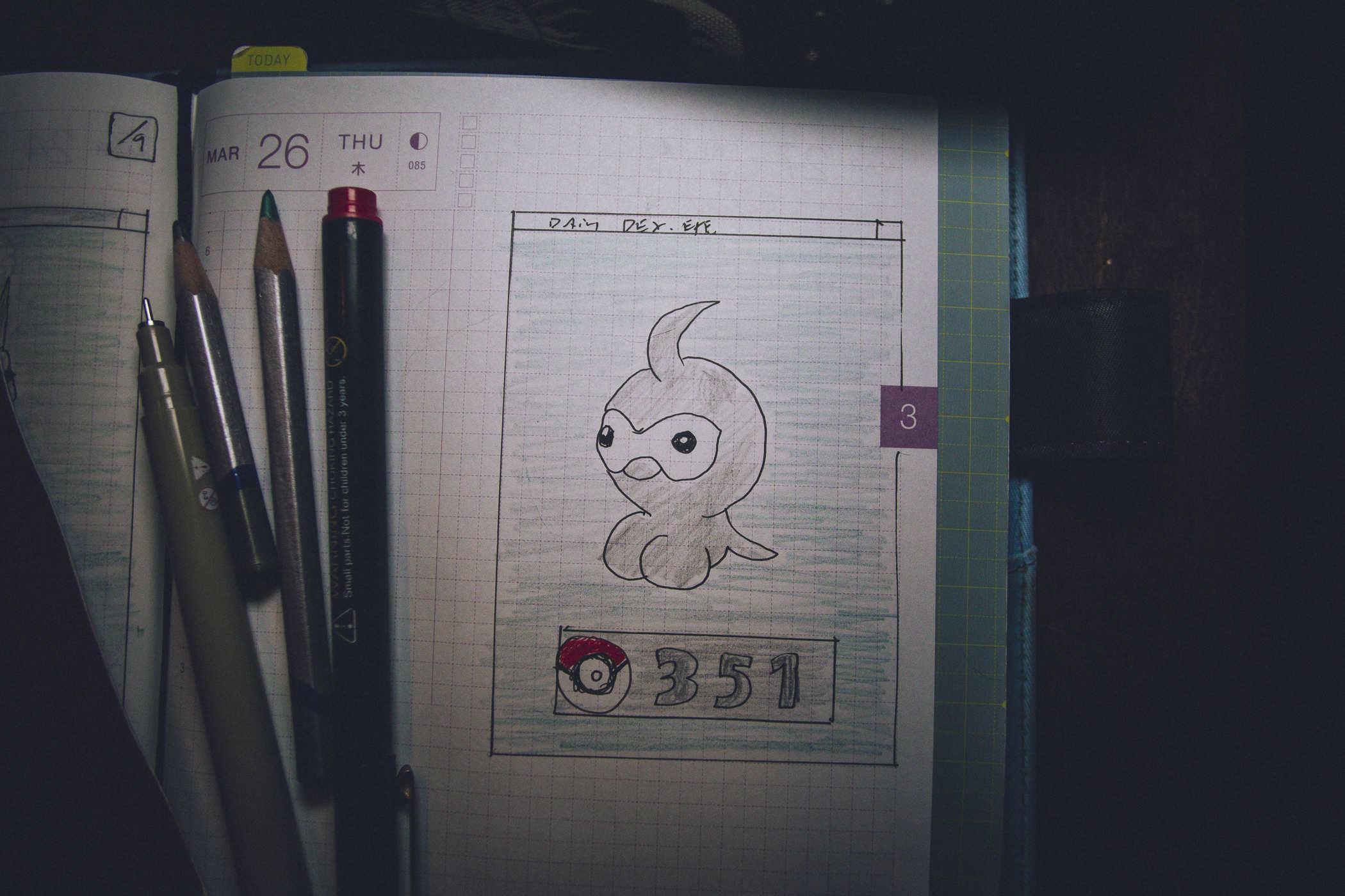 Drawing of pokemon 351; a small greyish ghost looking thing with what can only be described as huge breasts