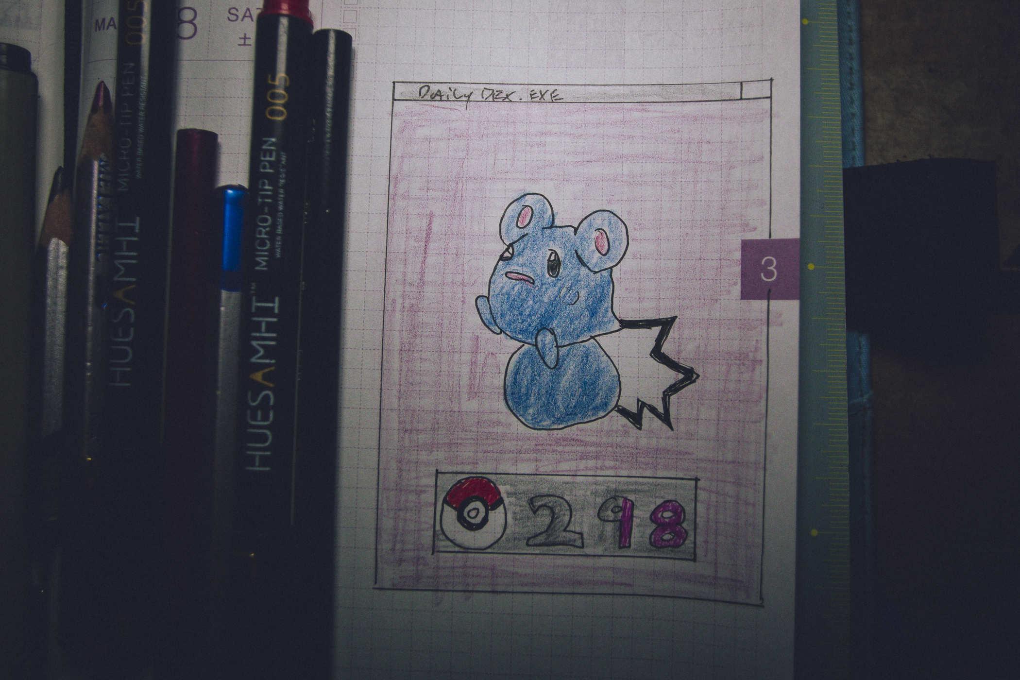 Drawing of pokemon 298; a blue mouse like creature sitting atop a blue orb that might also be part of its body; unclear