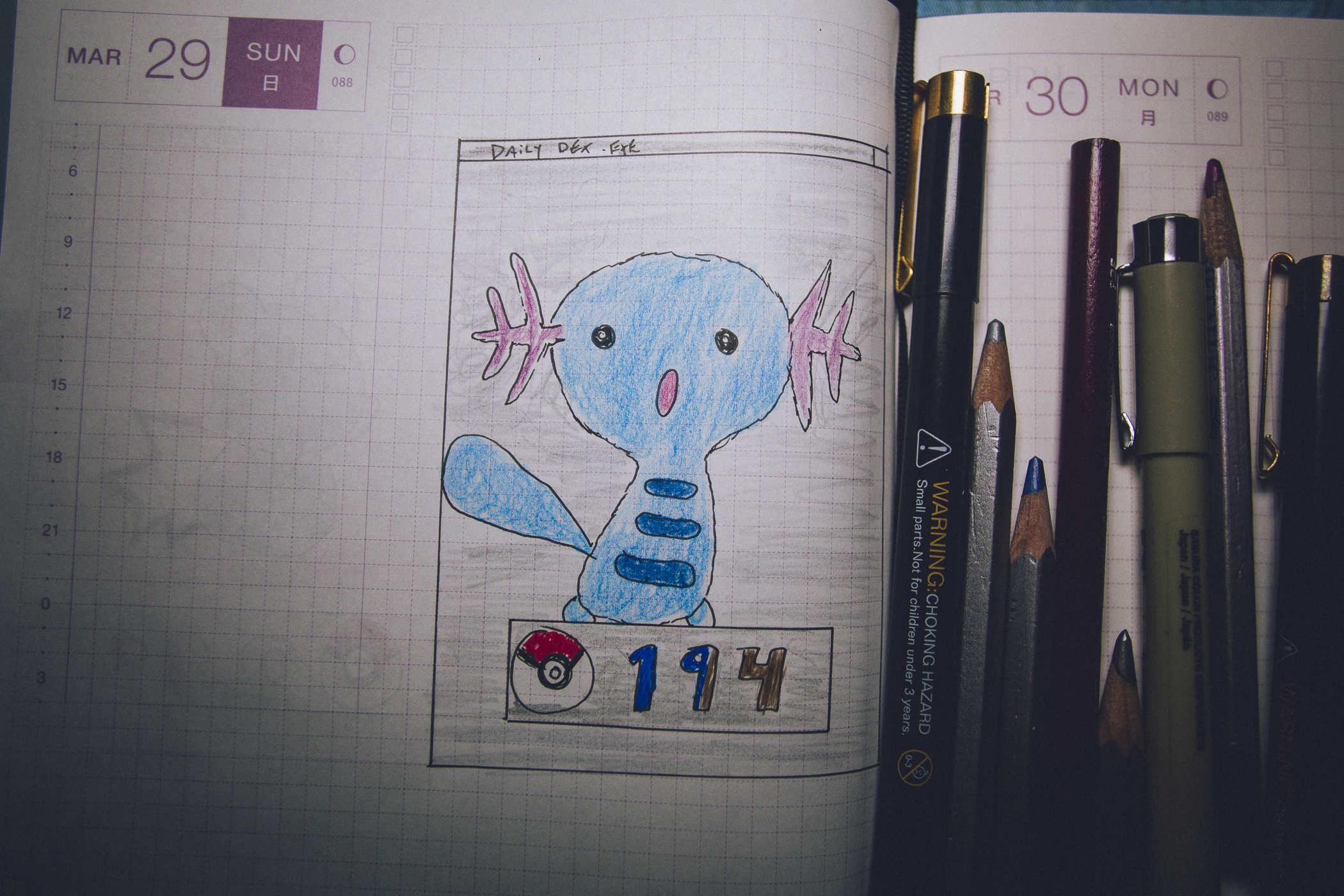 Drawing of pokemon 194; a blue axolotl