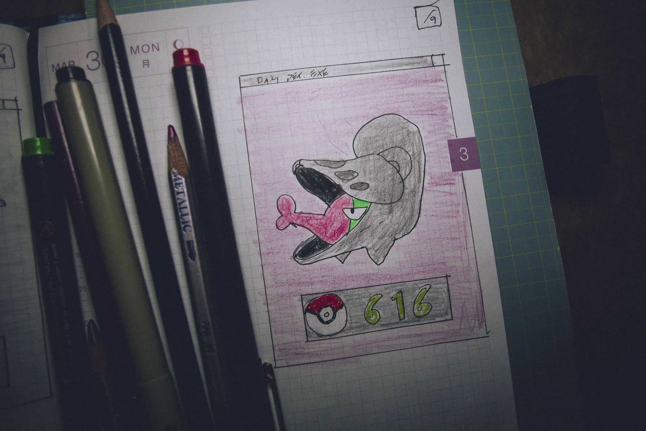 Drawing of pokemon 616; the helmet of a suit of armor that has what appears to be some kind of pink and green mollusk making a kissy face living in it