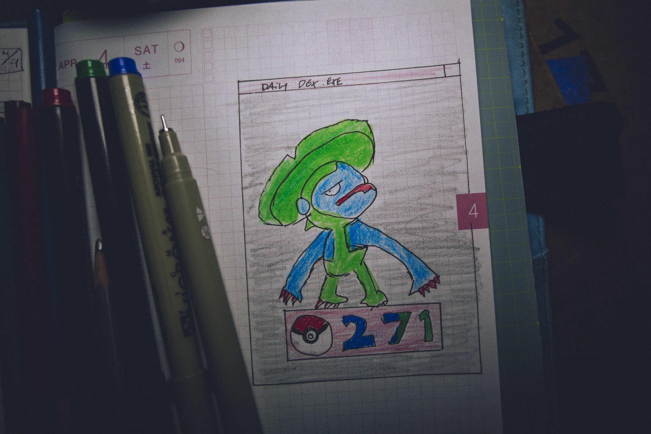 Drawing of pokemon 271; kind of biped turtle creature that seems to naturally have evolved a sombrero