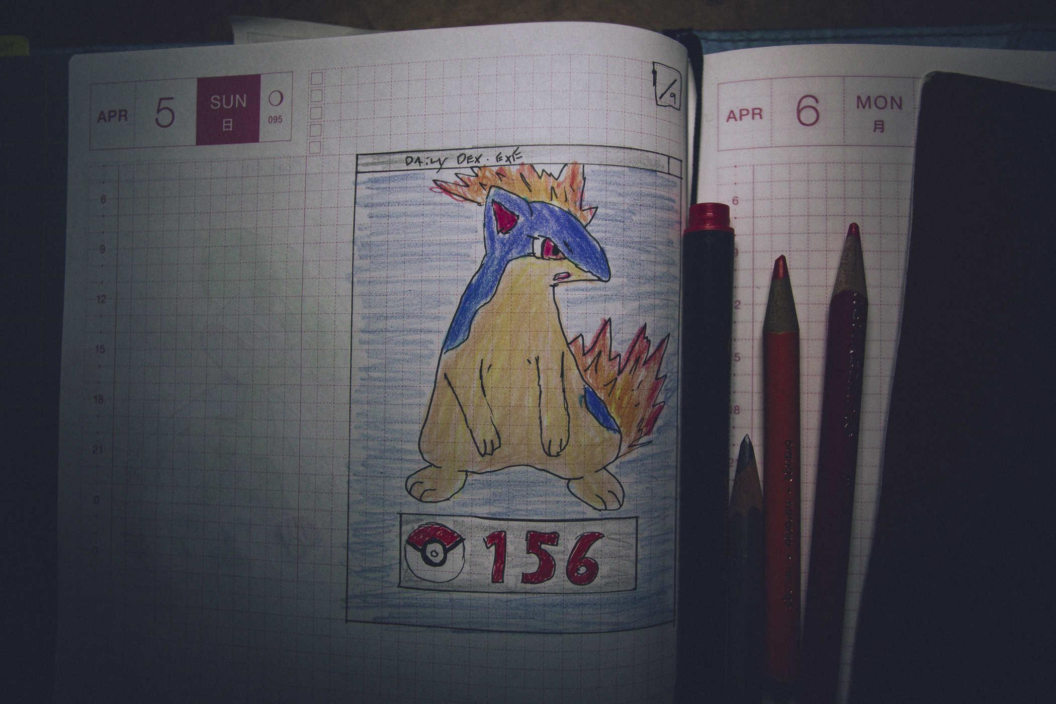 Drawing of pokemon 156; a sort of blue and tan quadruped otter thing standing on two feet with flames coming out of its back and tail