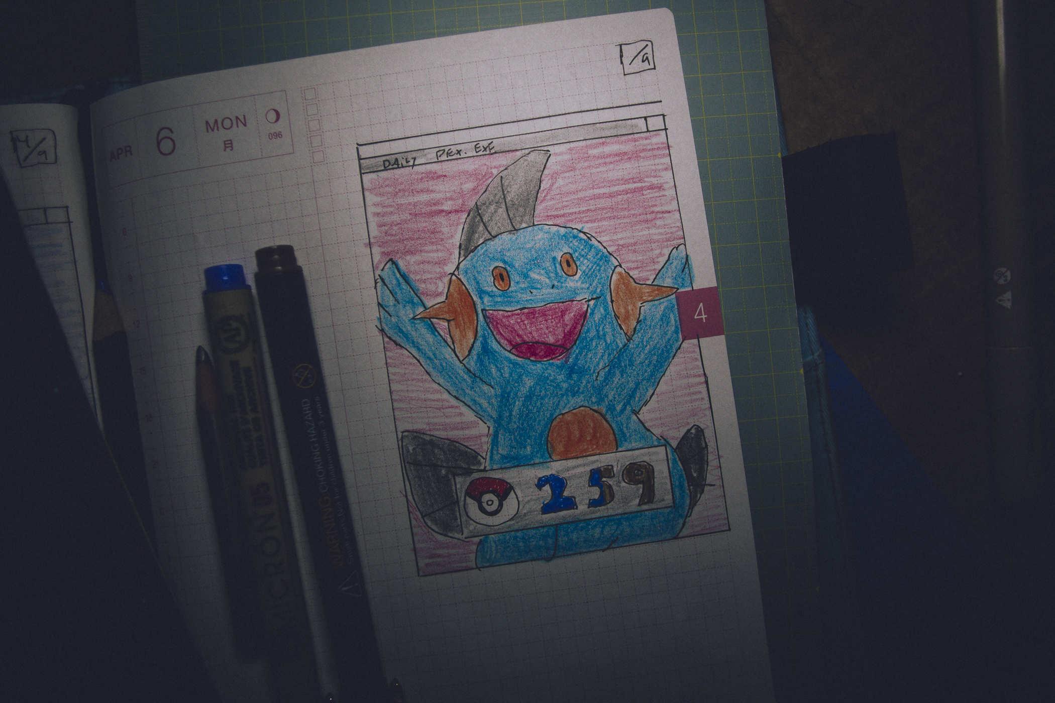 Drawing of pokemon 259; a tealish biped salamander like creature that looks like it's had too much but it's a happy drunk