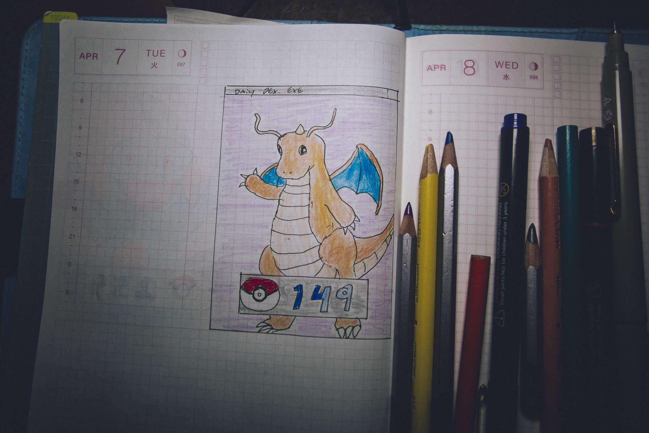 drawing of Pokemon 149; a large orangish dragon