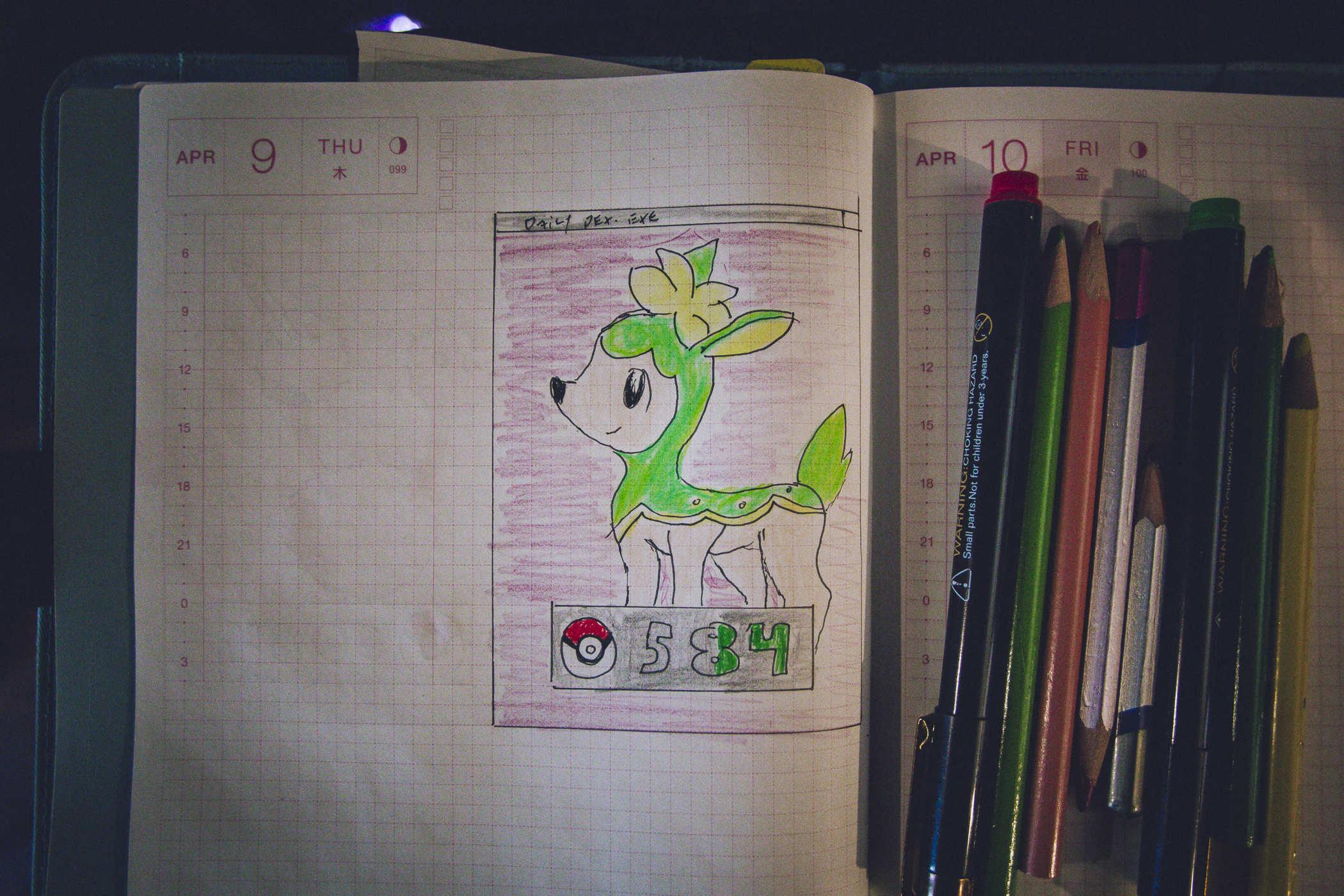 drawing of pokemon 584, a baby deer with greenish patterns on it