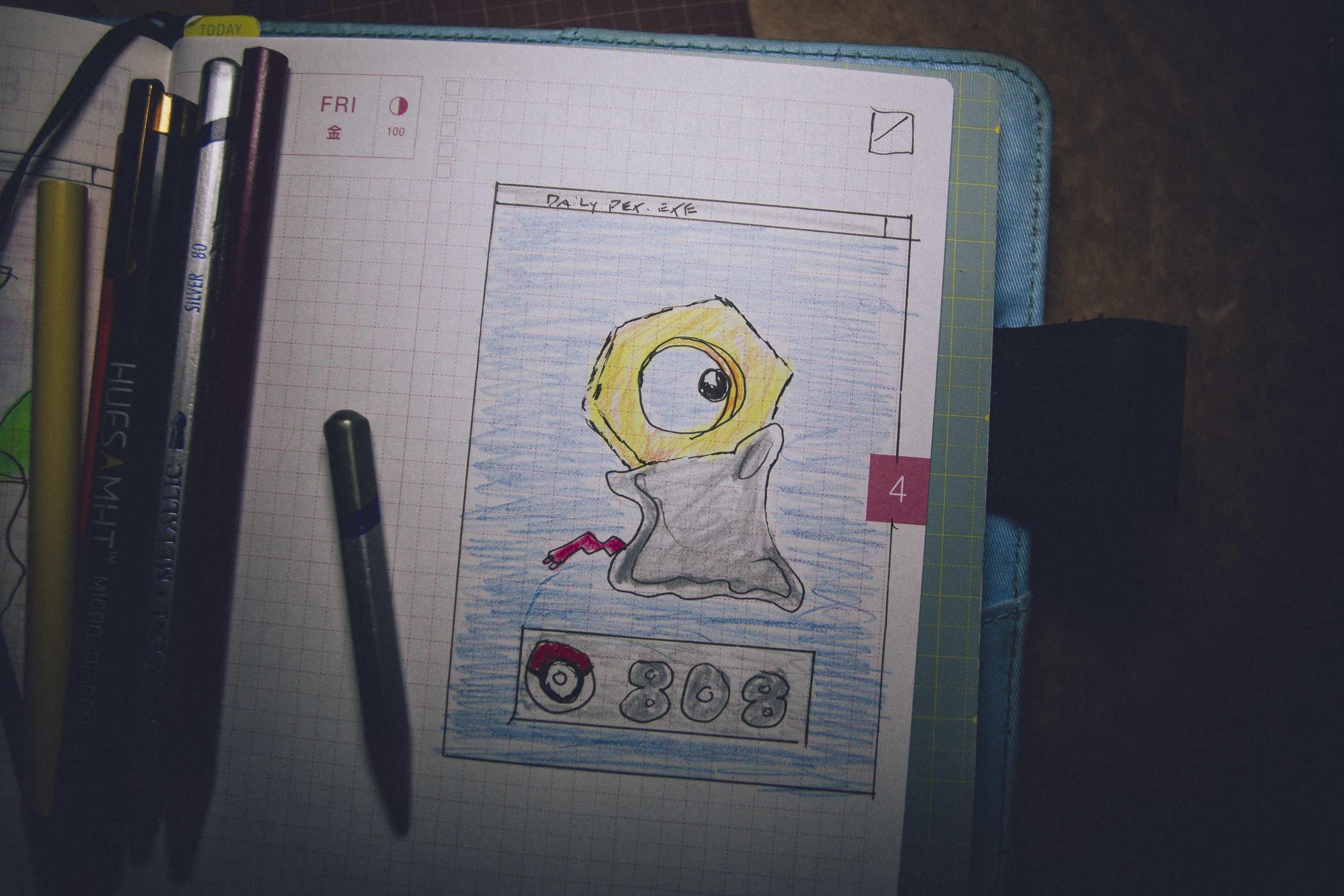 Drawing of pokemon 808; a small metal blob with a golden knut at the top featuring a single eye
