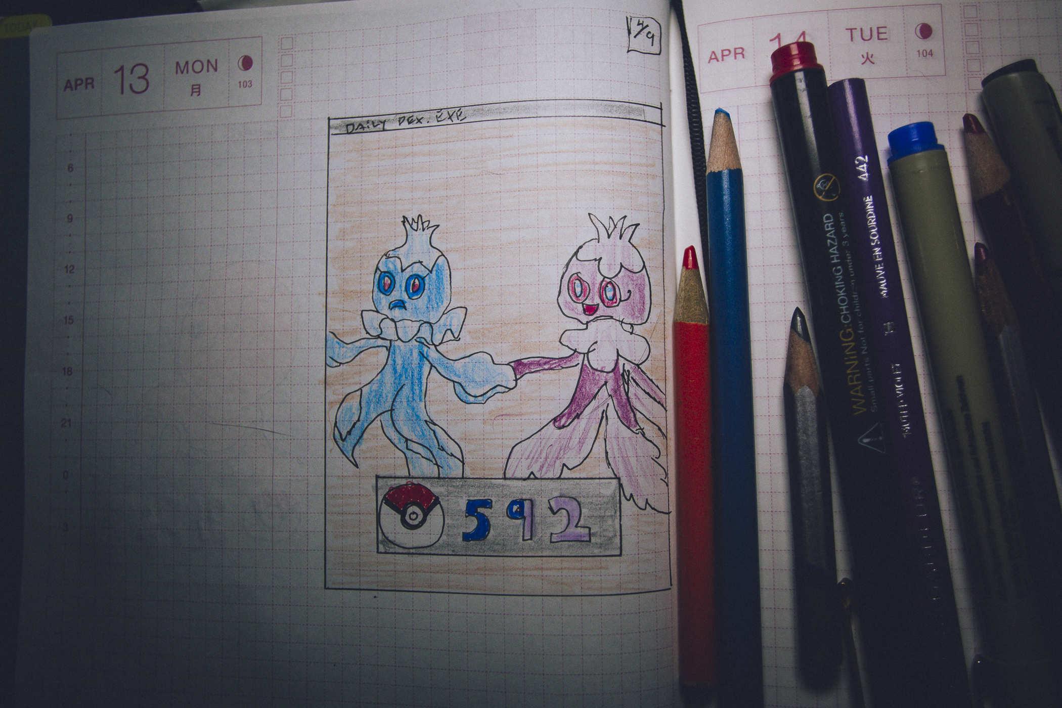 Drawing of pokemon 592; two ghostlike creatures holding hand; one is blue and looks sad, the other is pinkish and happy