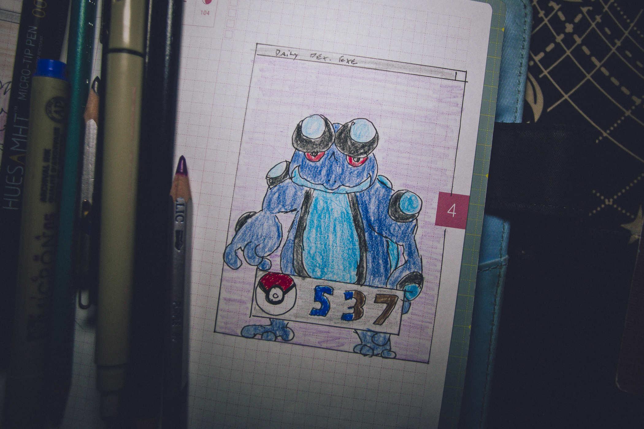 Drawing of pokemon 537; a large, biped blue toad creature