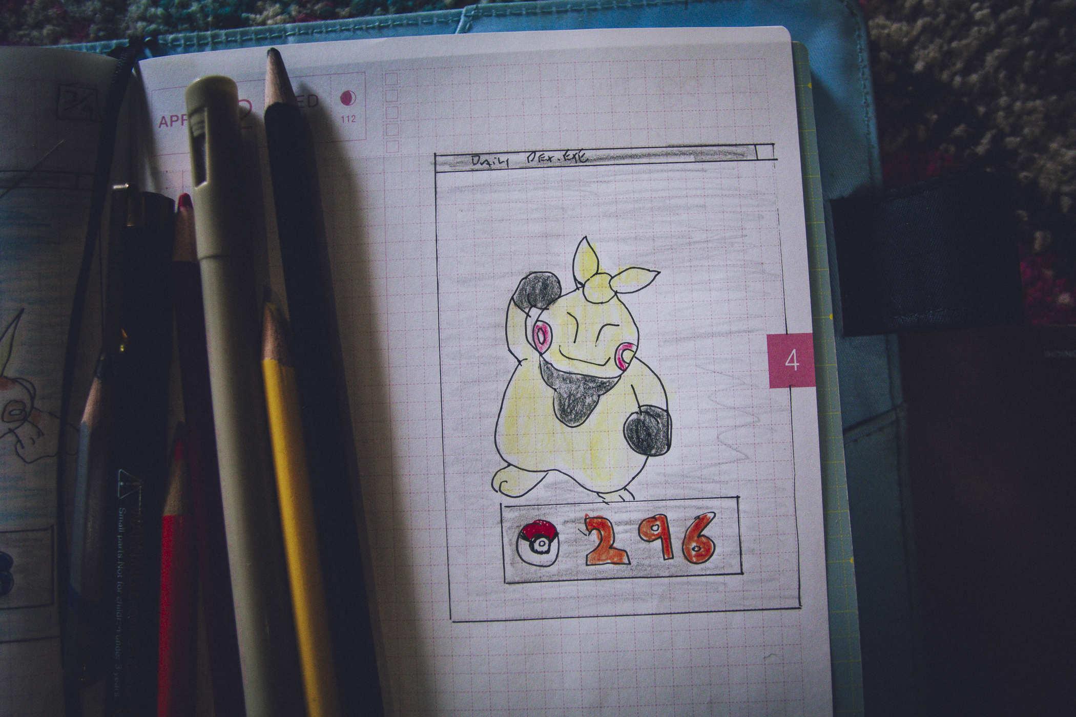 Drawing of pokemon 296; a rotund yellow biped creature with black boxing gloves