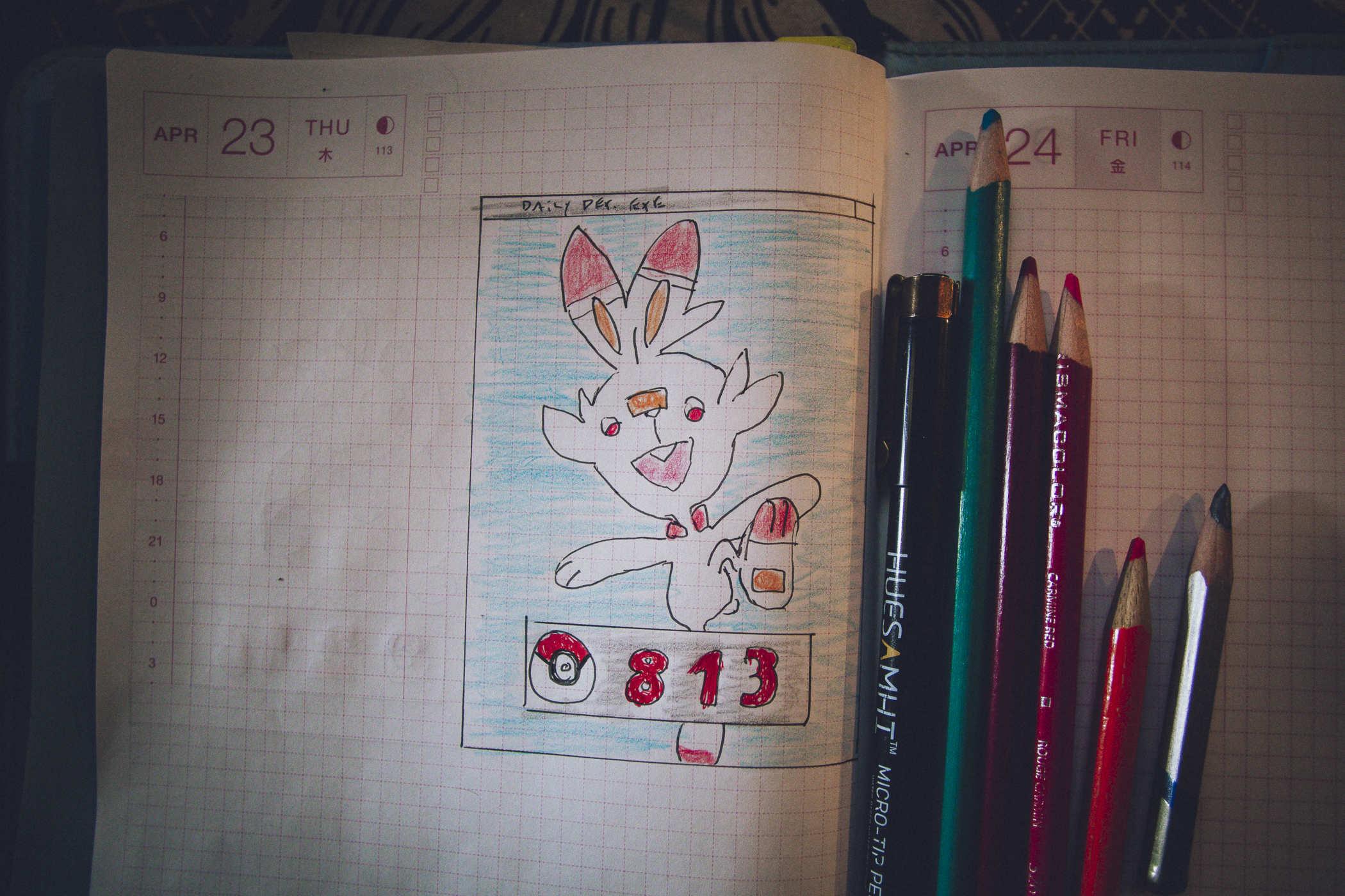 Drawing of pokemon 813; a biped rabbit that's mostly white with some red accents