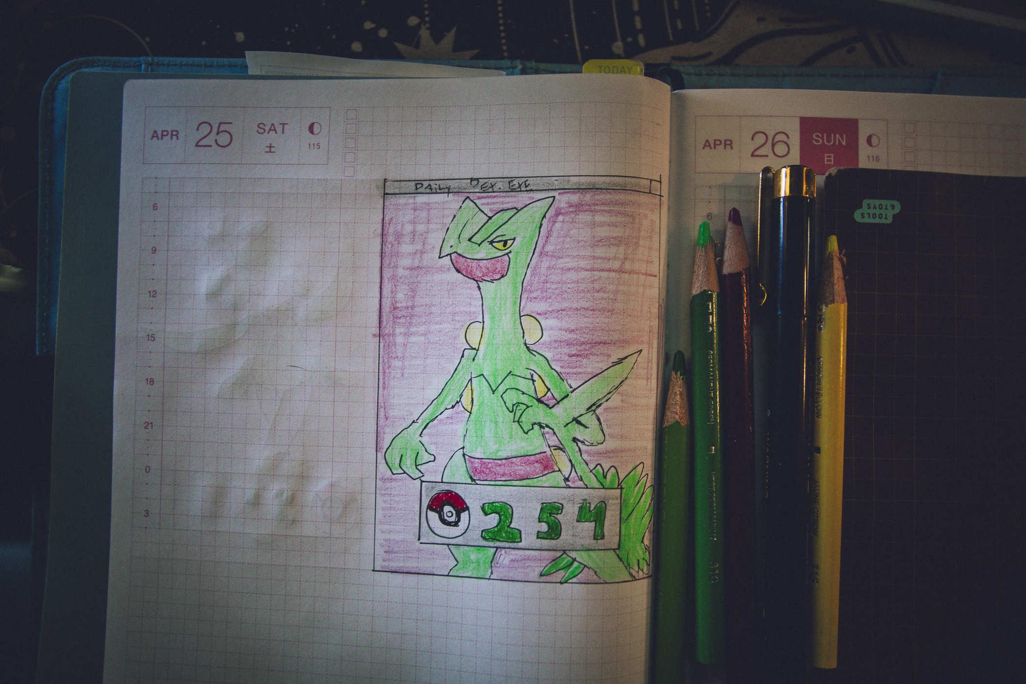 Drawing of pokemon 254; a perpetually stoned looking green biped lizard who looks like they have secrets