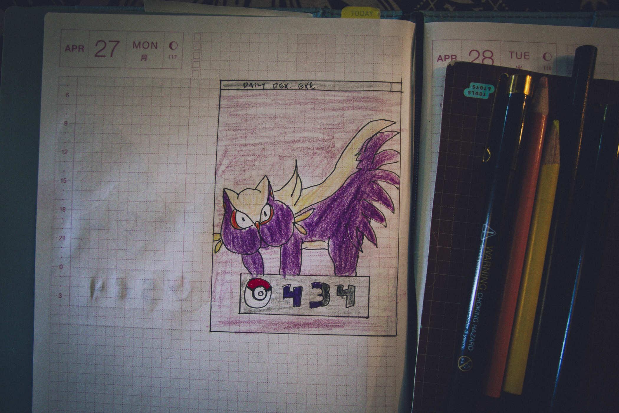 Drawing of pokemon 434; a purple and cream colored cat that's meant to be a skunk I think