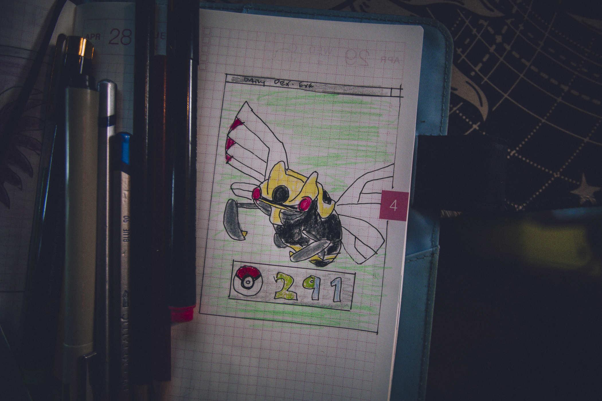 Drawing of pokemon 291; a mechanical looking butterfly that's maybe wearing a super sentai mask