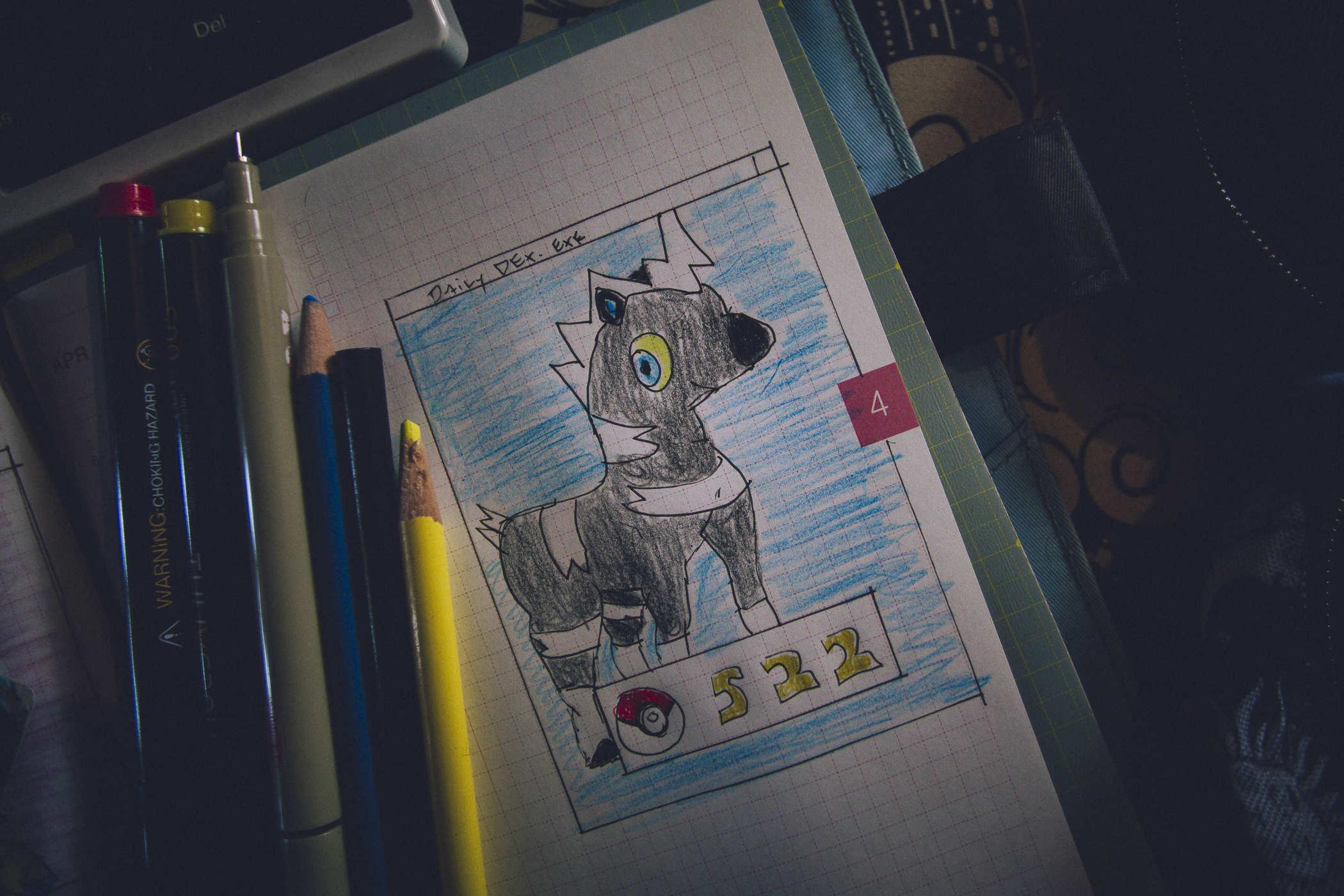 Drawing of pokemon 522; a black and white horse with lightning shaped hair; it's not quite a zebra becauseit isn't truly striped 