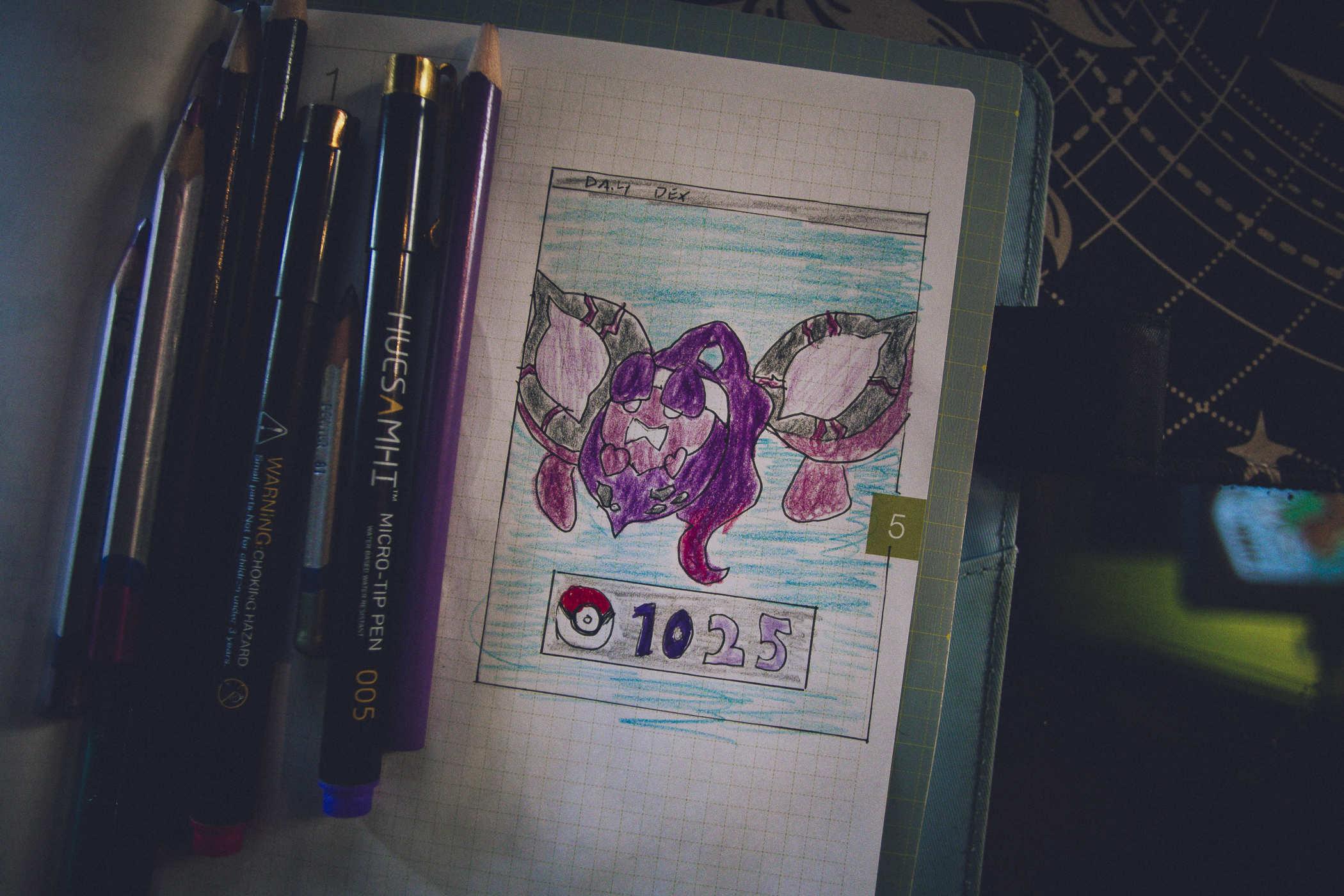 Drawing of pokemon 1025; a strange ghostlike purple butterfly thing with heart motifs