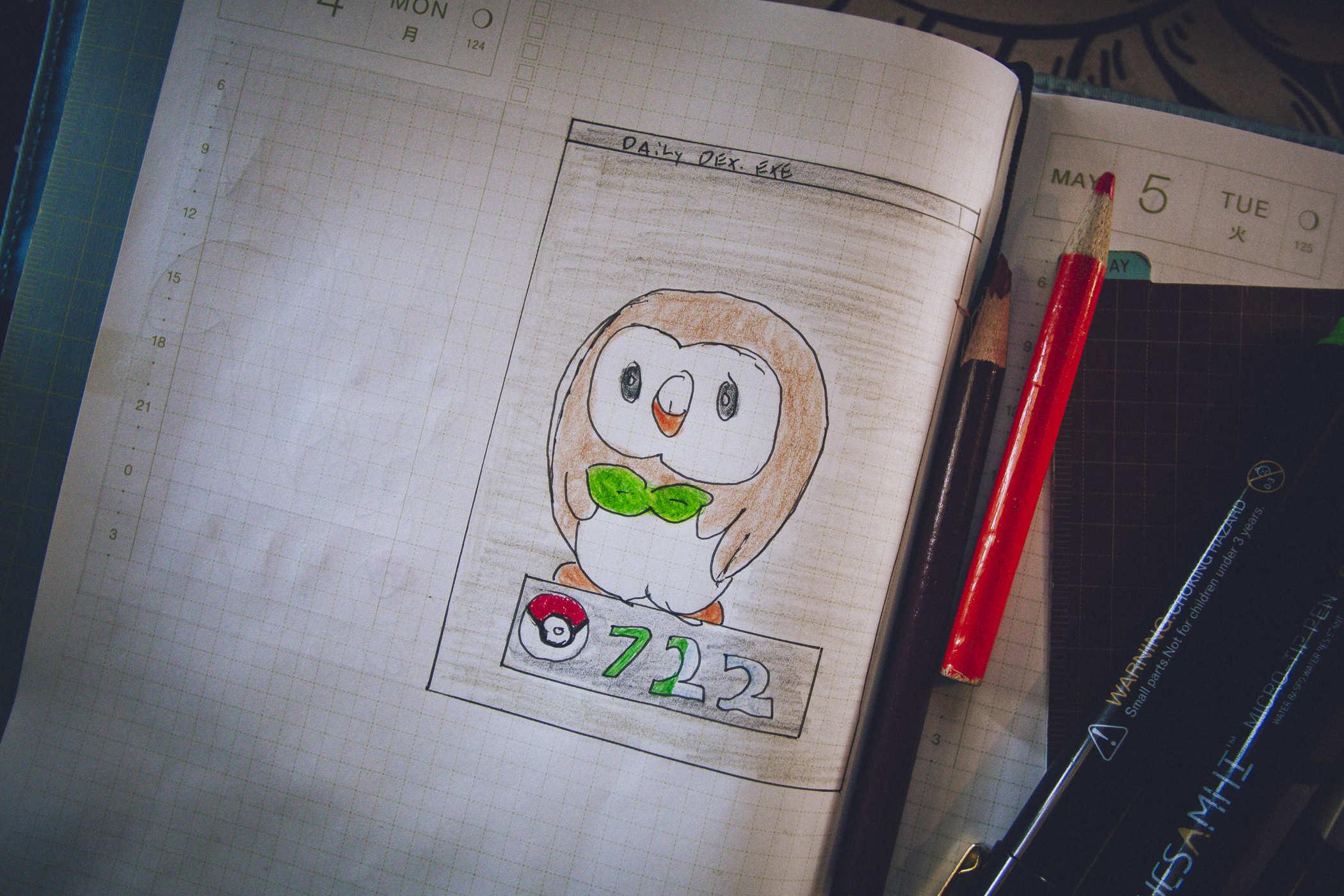 Drawing of pokemon 722; a small brown owl with a leaf-like bowtie