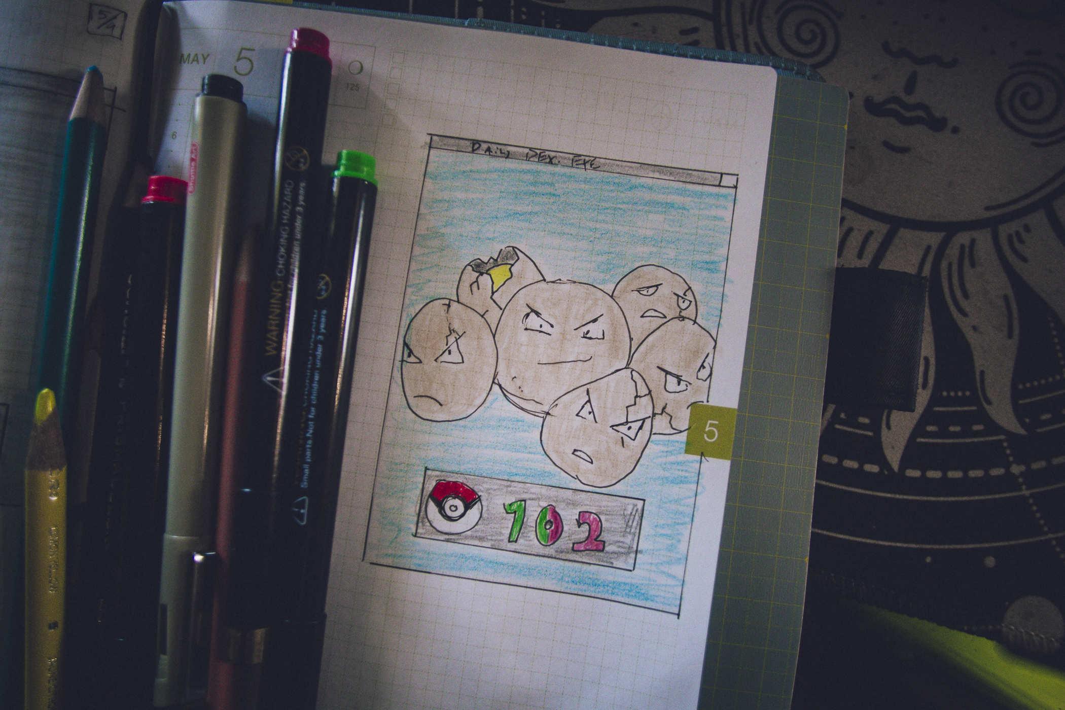 Drawing of pokemon 102; a group of six eggs with faces, one of which is cracked open and revealing yolk