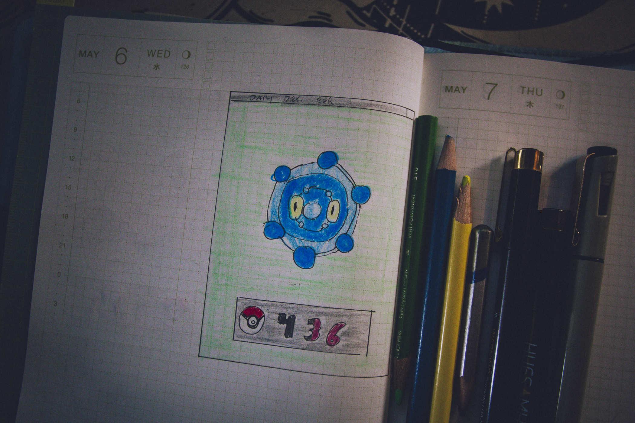 Drawing of pokemon 436; a blueish coin-like creature with clown eyes