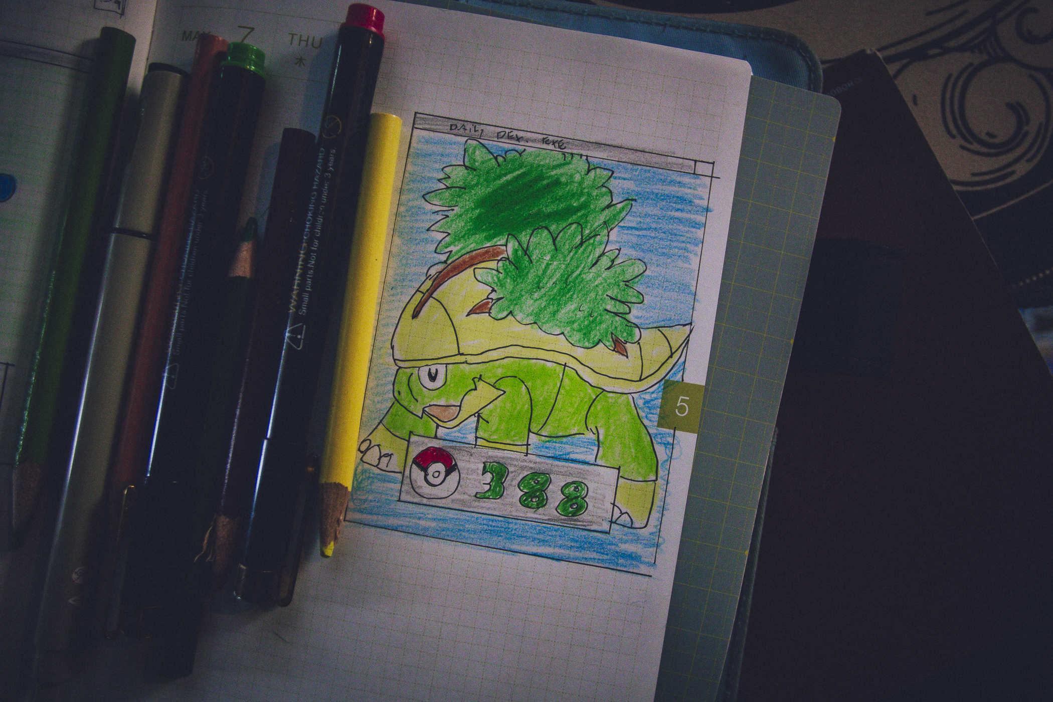 Drawing of pokemon 388; a large tortoise with plants growing on its back