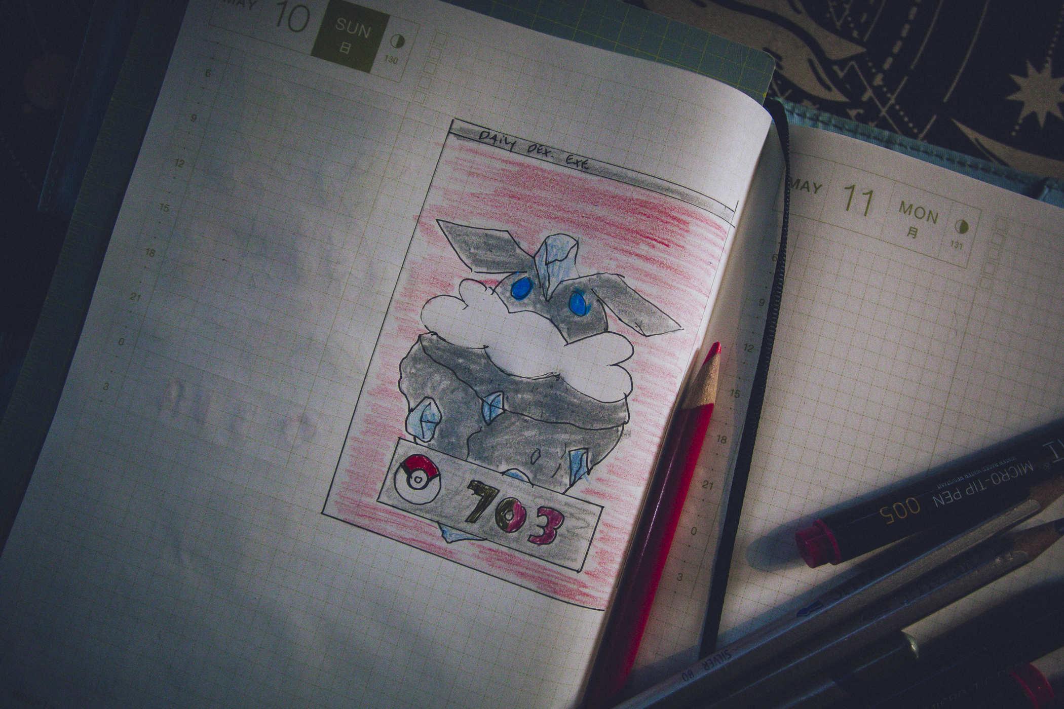 Drawing of pokemon 703; a rock with a head that has dog ears