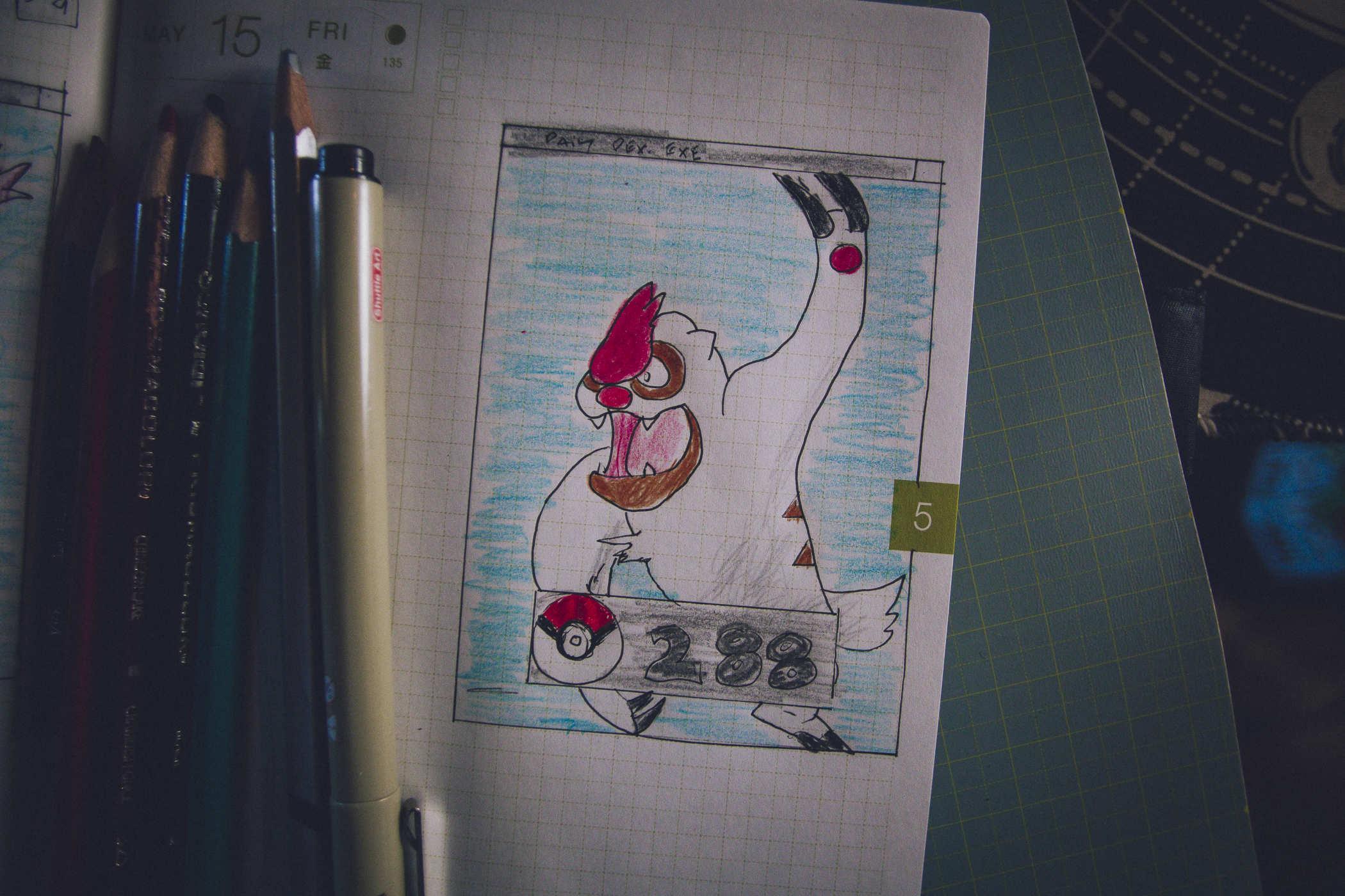 Drawing of pokemon 288; a large white monkey with red accents and large sloth claws