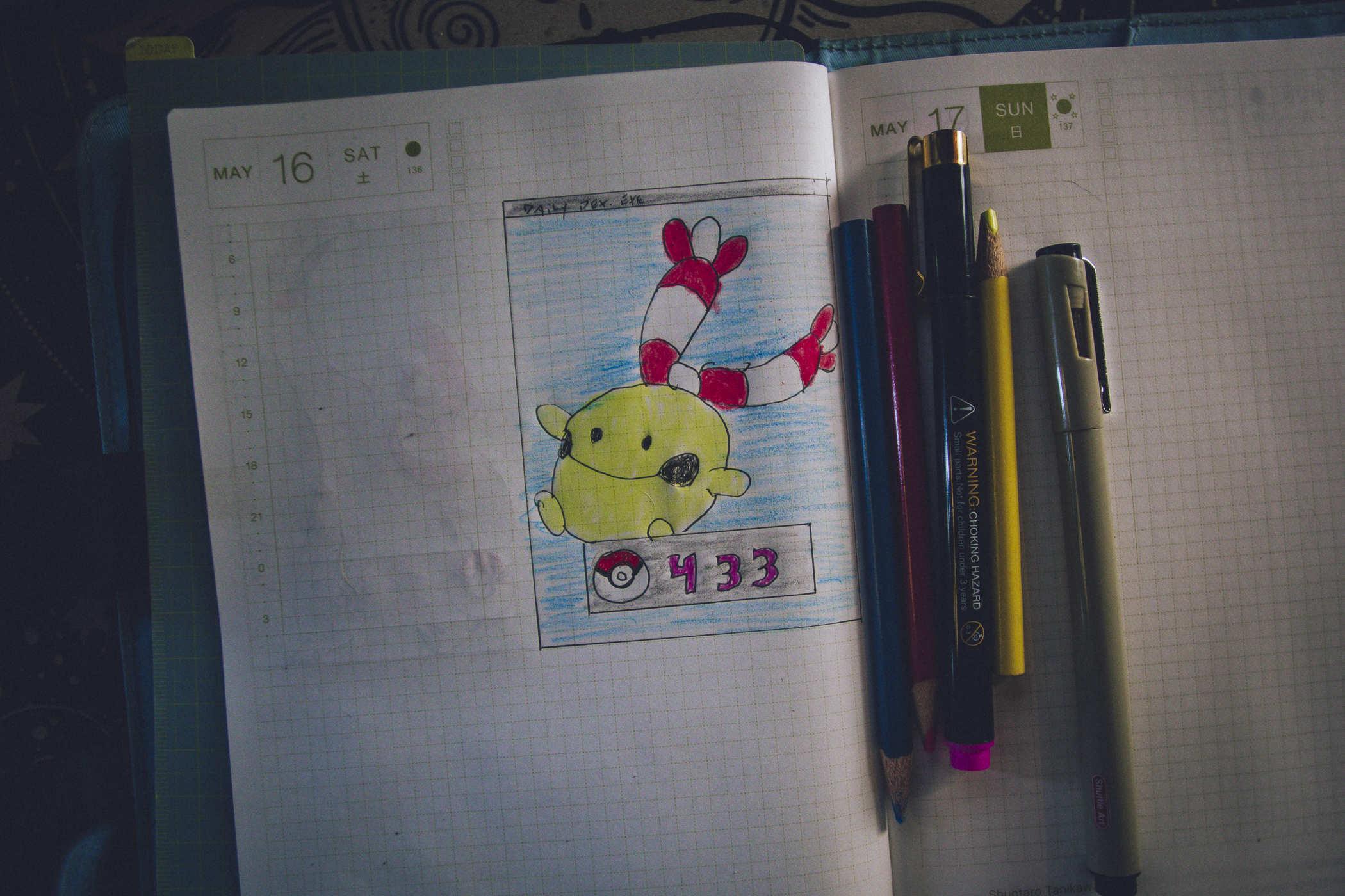 Drawing of pokemon 433; a yellow orb with a smiley face and what looks like candy cane hair